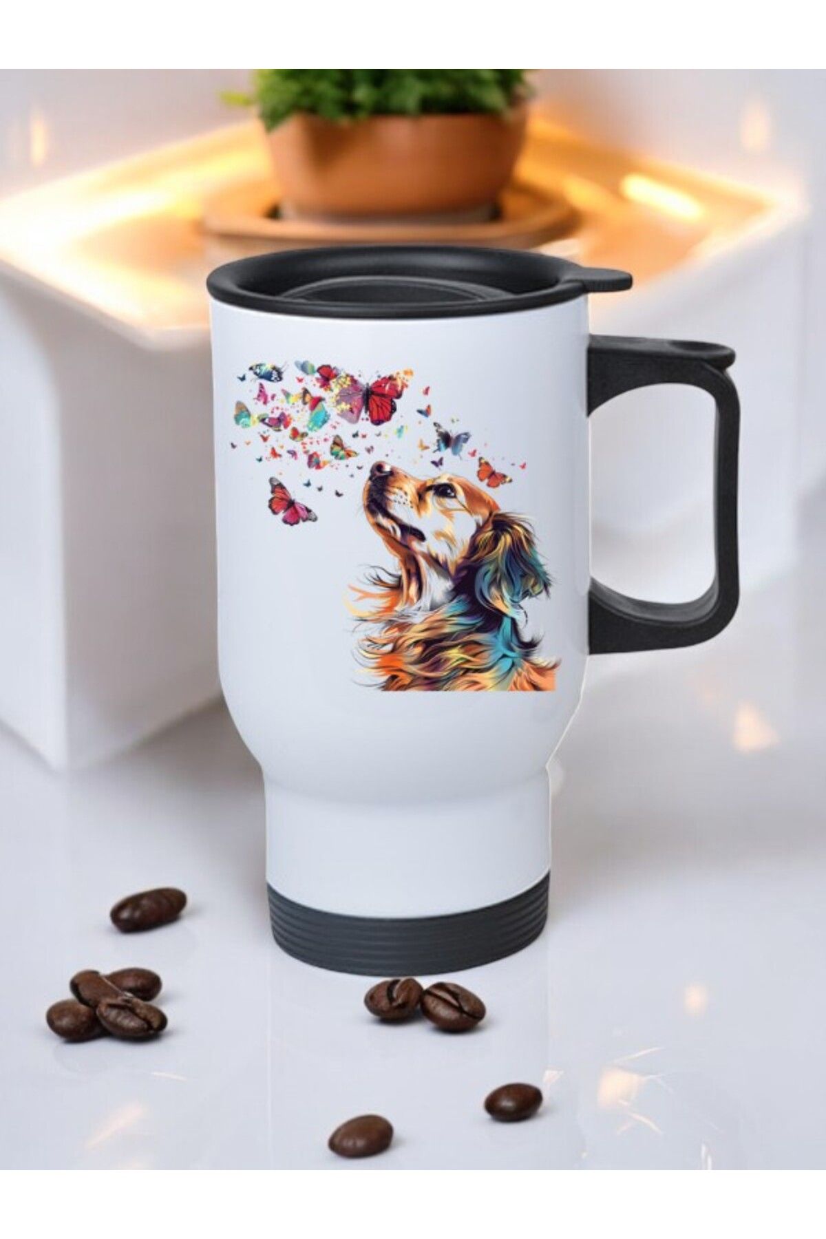 lili hediyelik Kelebeklere Bakan Köpek Baskılı Kulplu Çelik Bardak Termos 450 ml