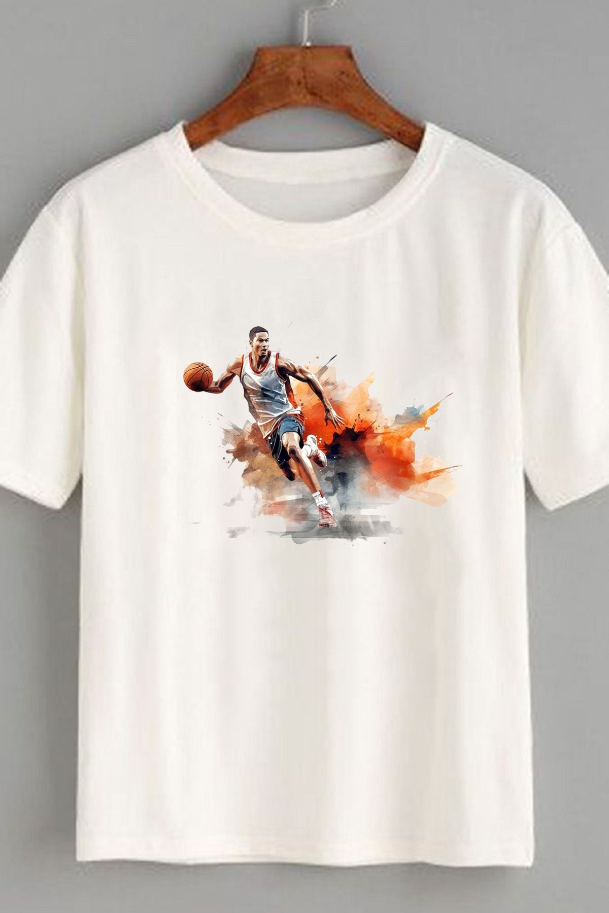makiteks Baskılı Basketbol Erkek Kadın Unisex Bisiklet Yaka Baskılı T-shirt Beyaz Siyah Gri tişört