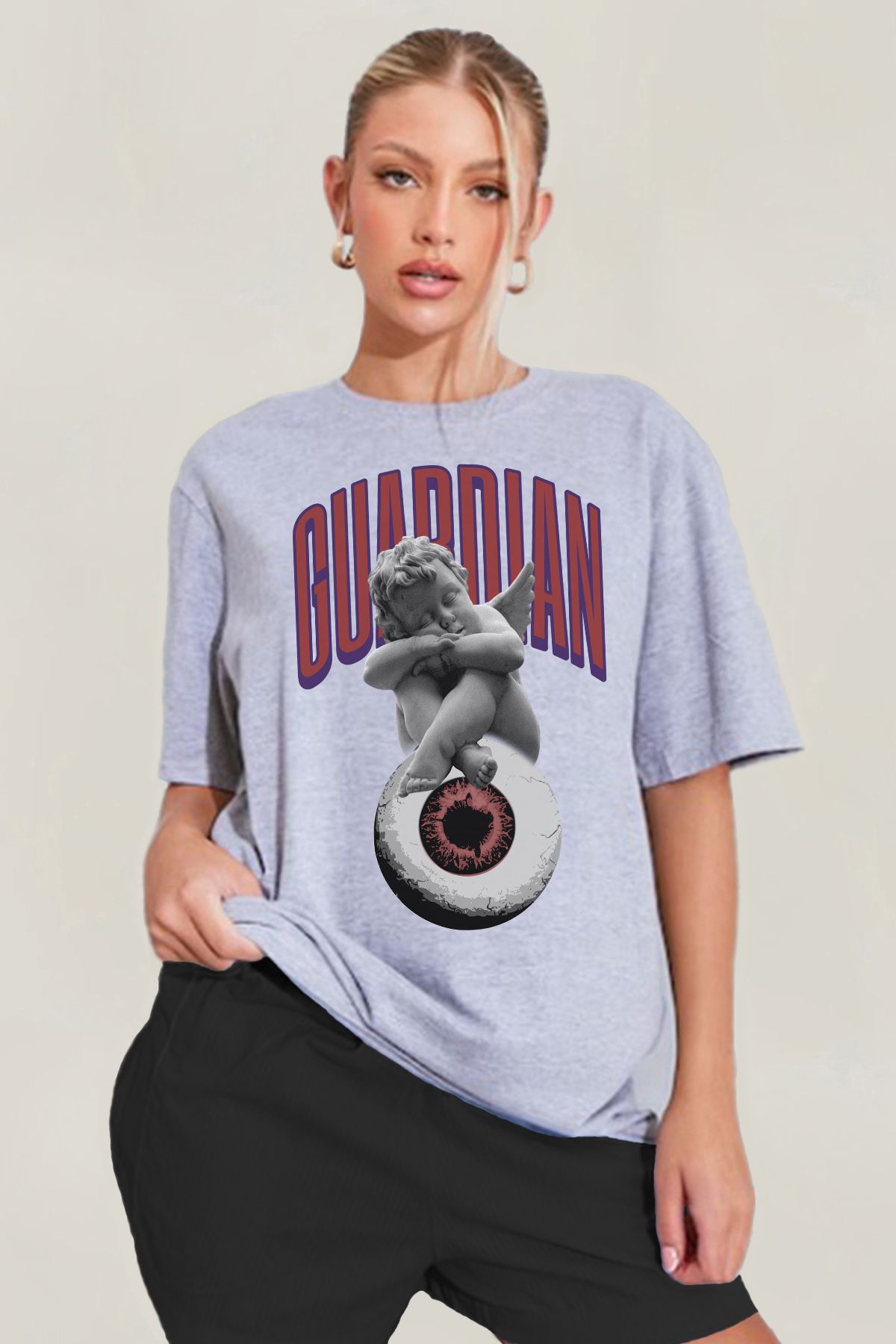 MODA Guardian Angel Melek Yunan Heykel Baskılı Oversize Kalıp Grimelanj Geniş Bol Kesim Kadın Tişört