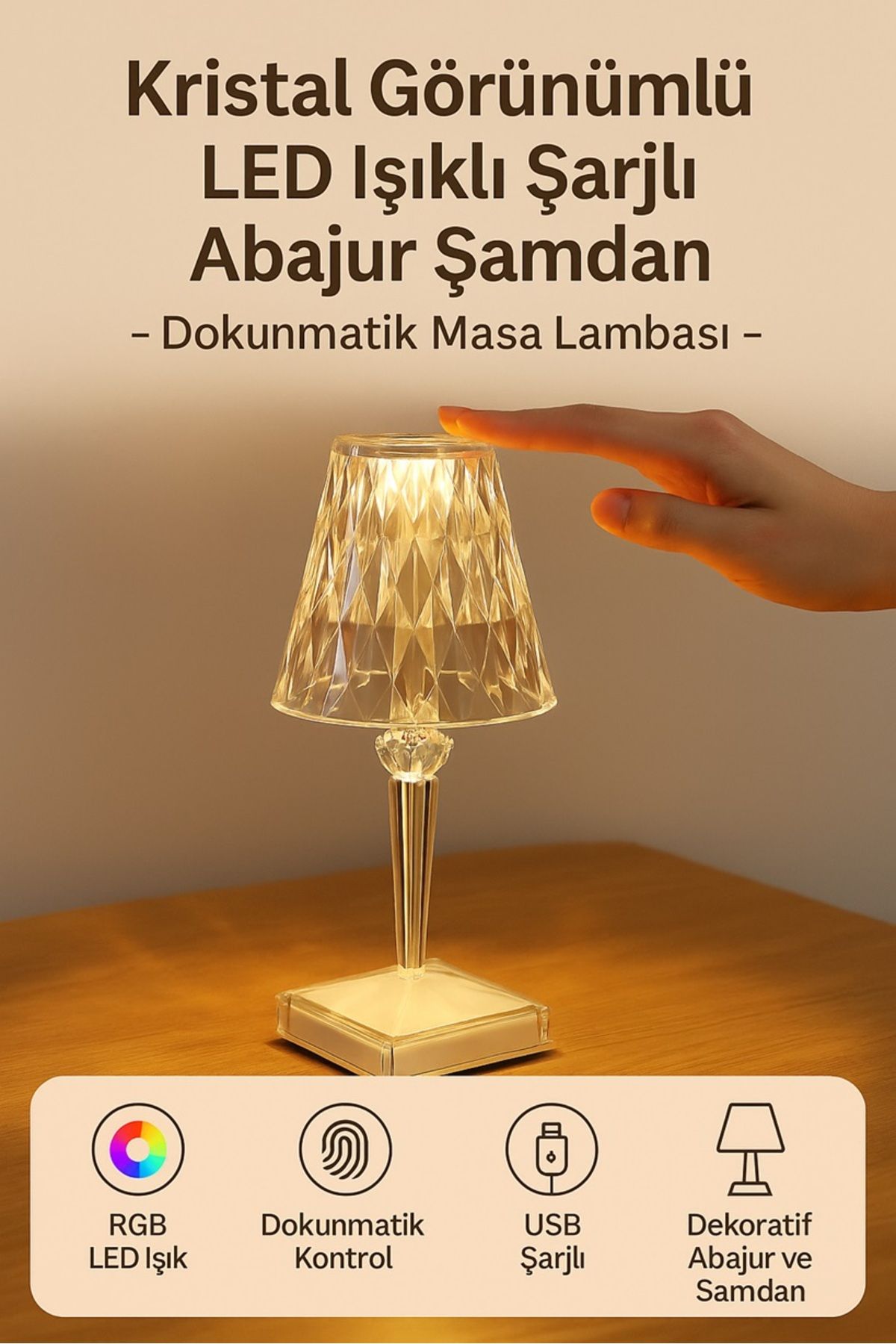 keyfisepet en keyifli sepet Kristal Görünümlü Şarjlı LED Abajur Şamdan – Dokunmatik Masa Lambası Dekoratif Gece Işığı