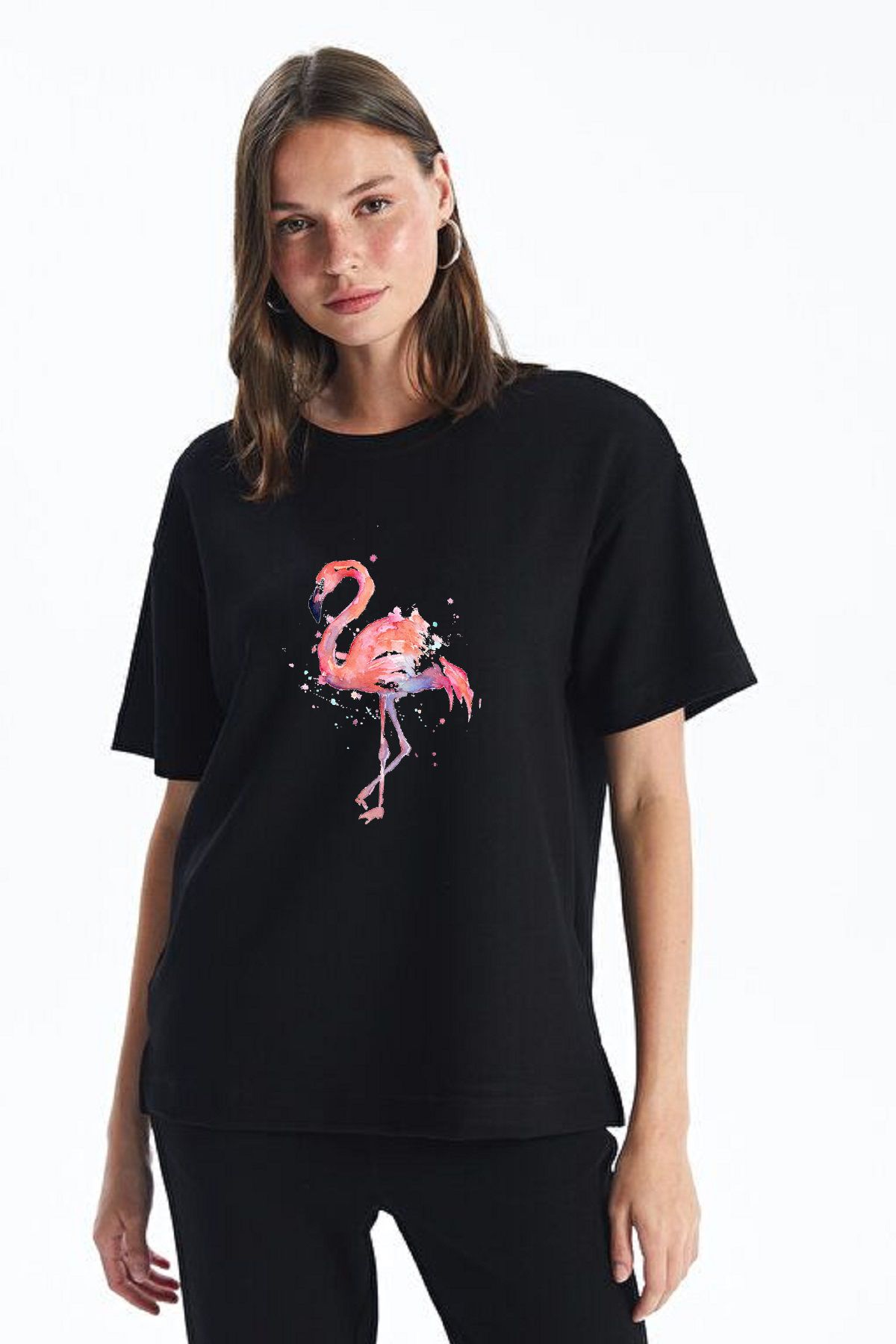 makiteks Flamingo Baskılı Kadın Unisex Bisiklet Yaka Baskılı T-shirt Beyaz Siyah Gri tişört