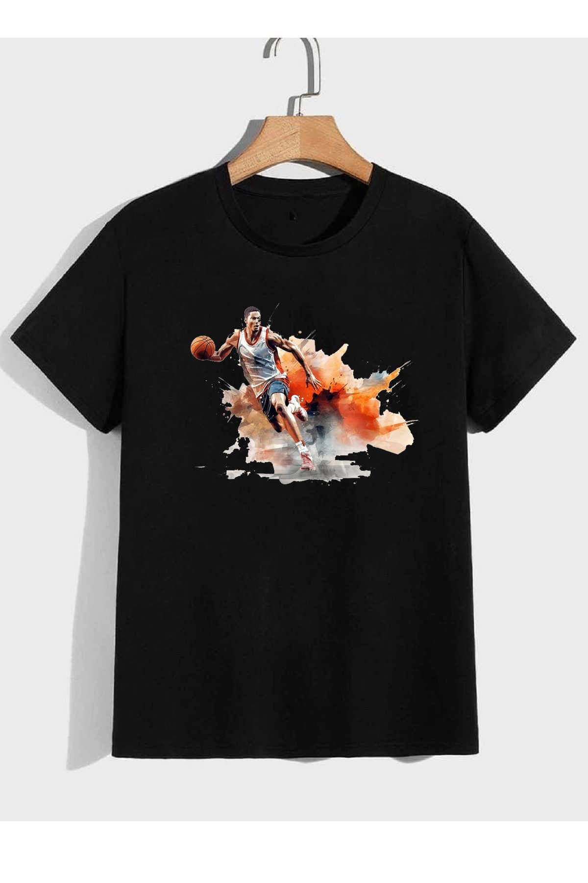 makiteks Baskılı Basketbol Erkek Kadın Unisex Bisiklet Yaka Baskılı T-shirt Beyaz Siyah Gri tişört
