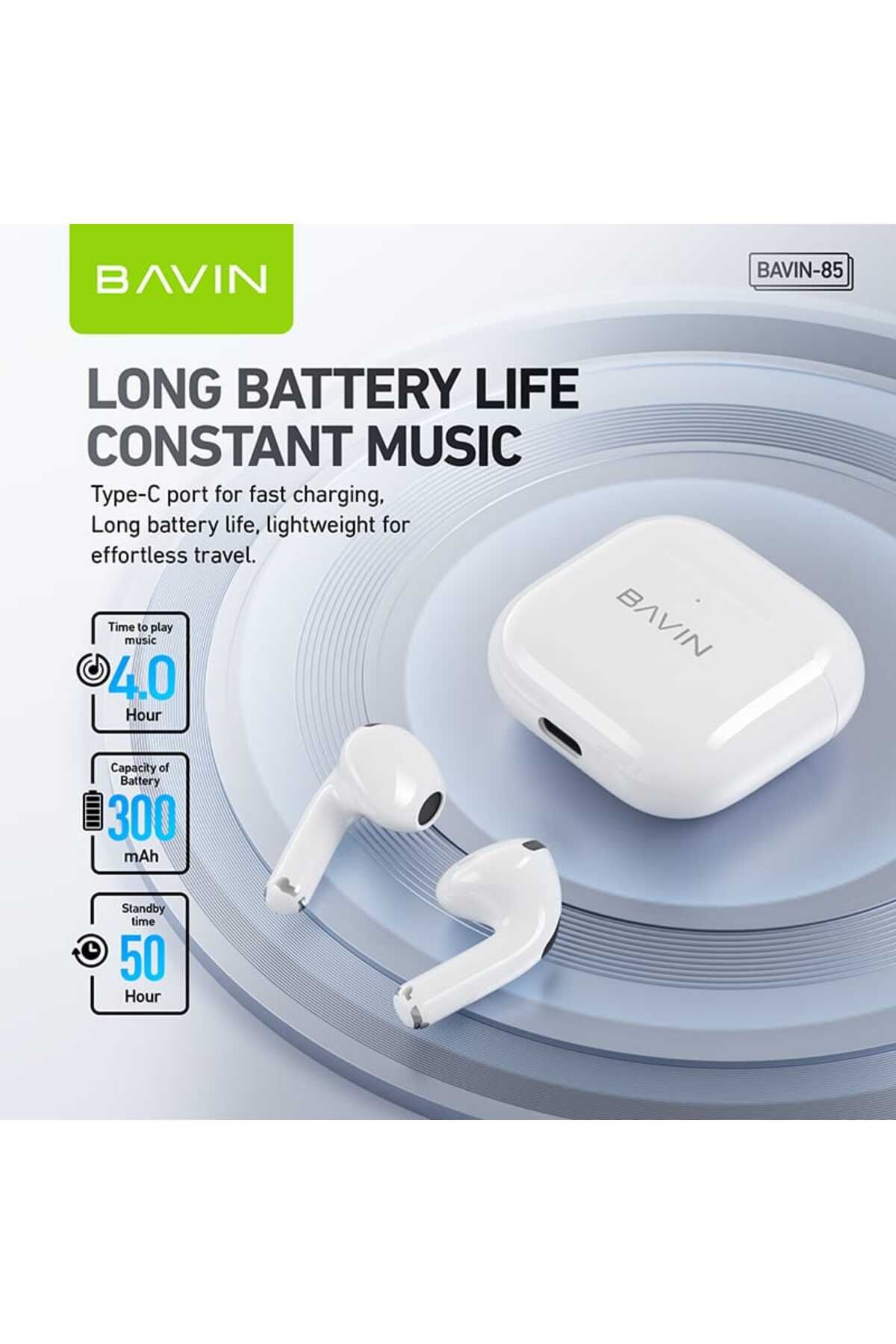 Bavin-BA-85 TWS Hi-Fi Wireless Earphones with Mini Design, Low Latency, and Smart Touch, White 4