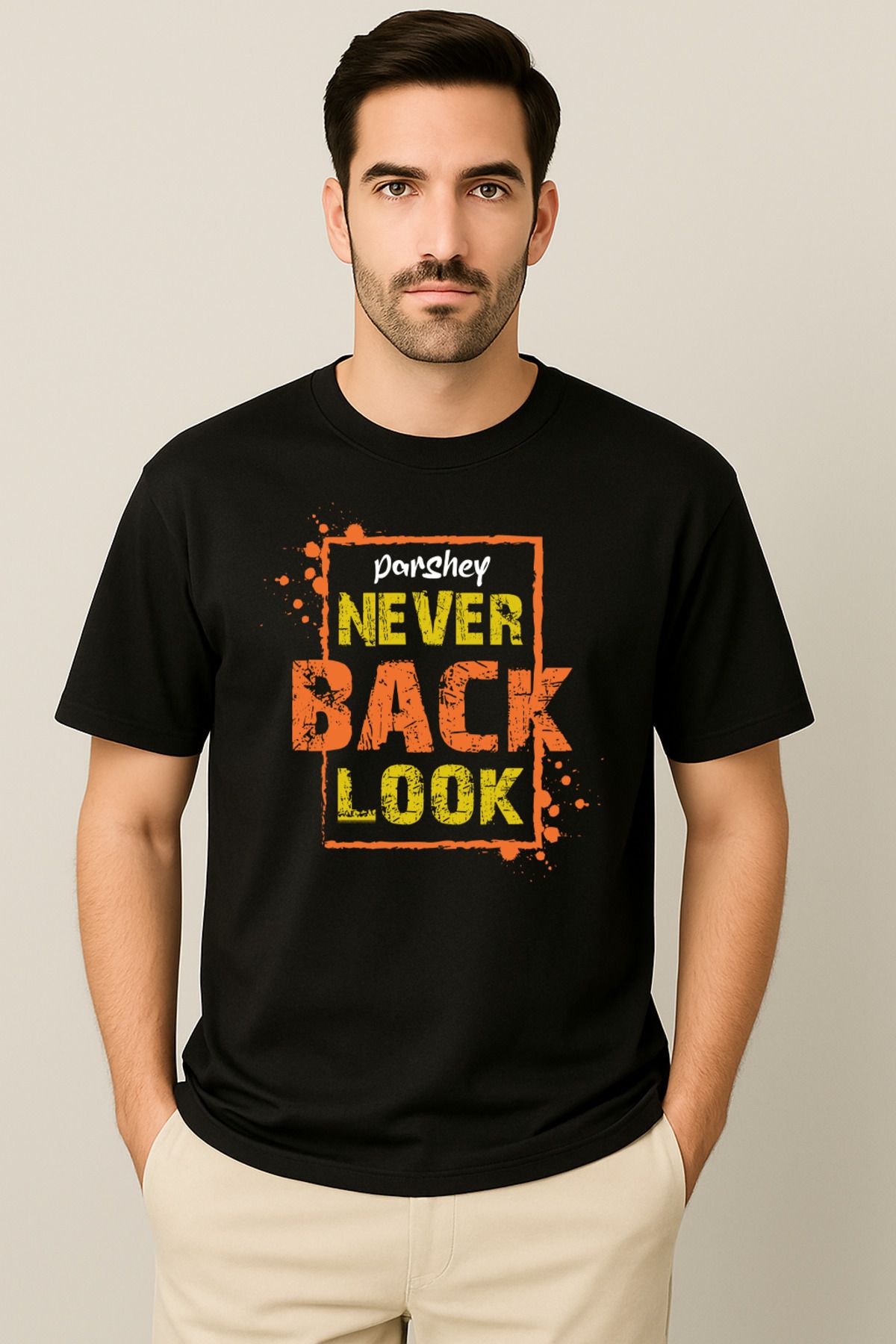 PARSHEY Erkek - Kadın %100 Pamuk Never Look Back Baskılı Yarım Kollu Bisiklet Yaka T-Shirt
