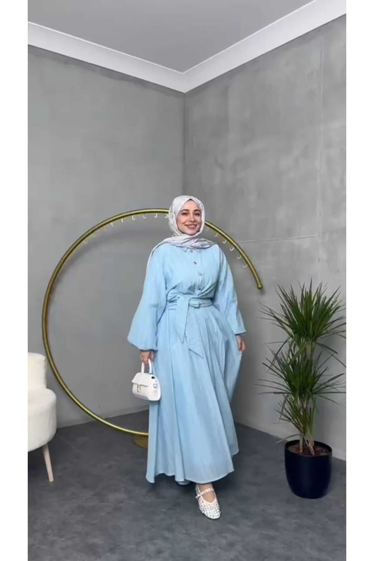 QUAWEAR Gömlek Yaka Balon Kol Bağlama Detaylı Astarlı Gömlek Ve Astarlı Etek İkili Takım