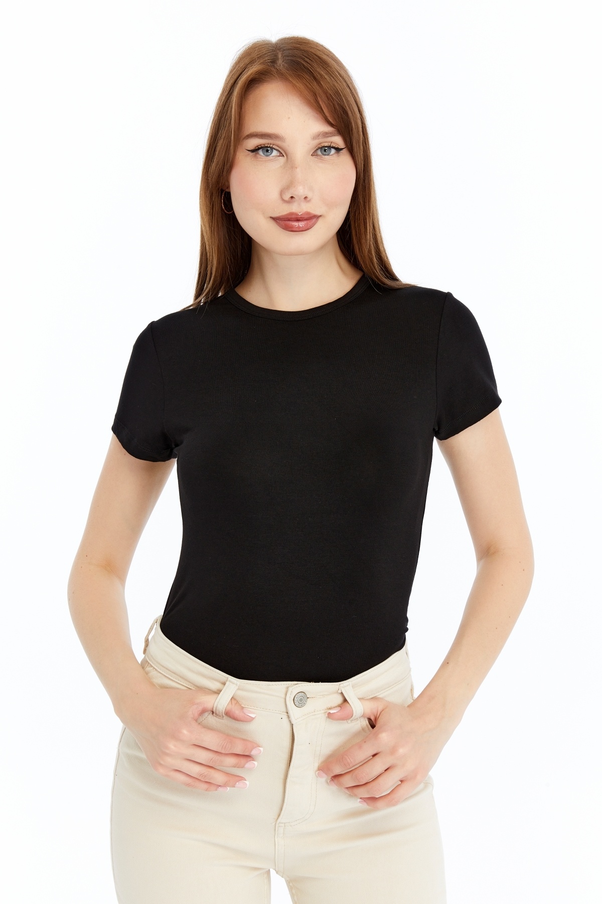 Women's Black Round Neck Short Sleeve Viscose Blouse