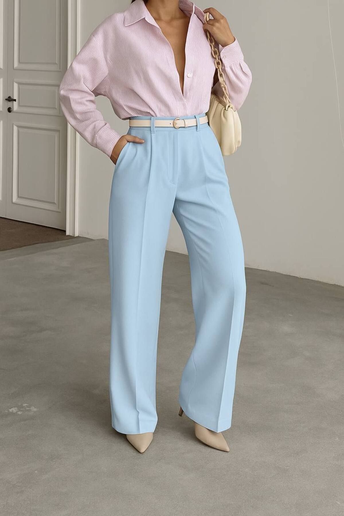 DAFFODİL Yüksek Bel Beli Kemerli Bol Paça Pantolon – Soft Mavi
