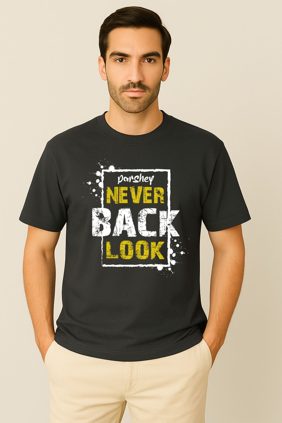 PARSHEY Erkek - Kadın %100 Pamuk Never Look Back Baskılı Yarım Kollu Bisiklet Yaka T-Shirt