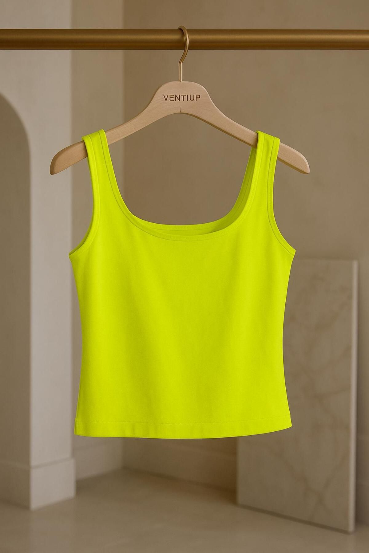 VENTİUP Ventiup Kadın Neon Sarı Kare Yaka Askılı Crop Bluz
