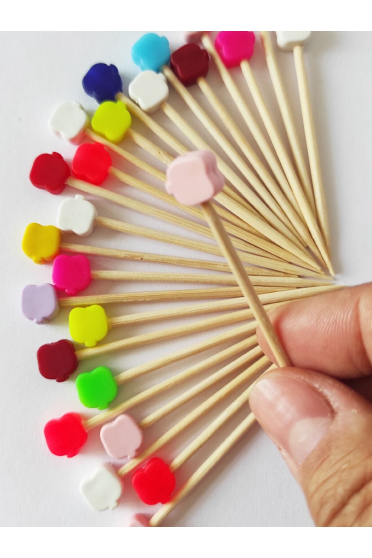BEYHAN BAYHAN 100 Adet Dekoratif Renkli Elma Boncuklu Sunum Kürdanı 6,5 cm - Pasta Kürdanı