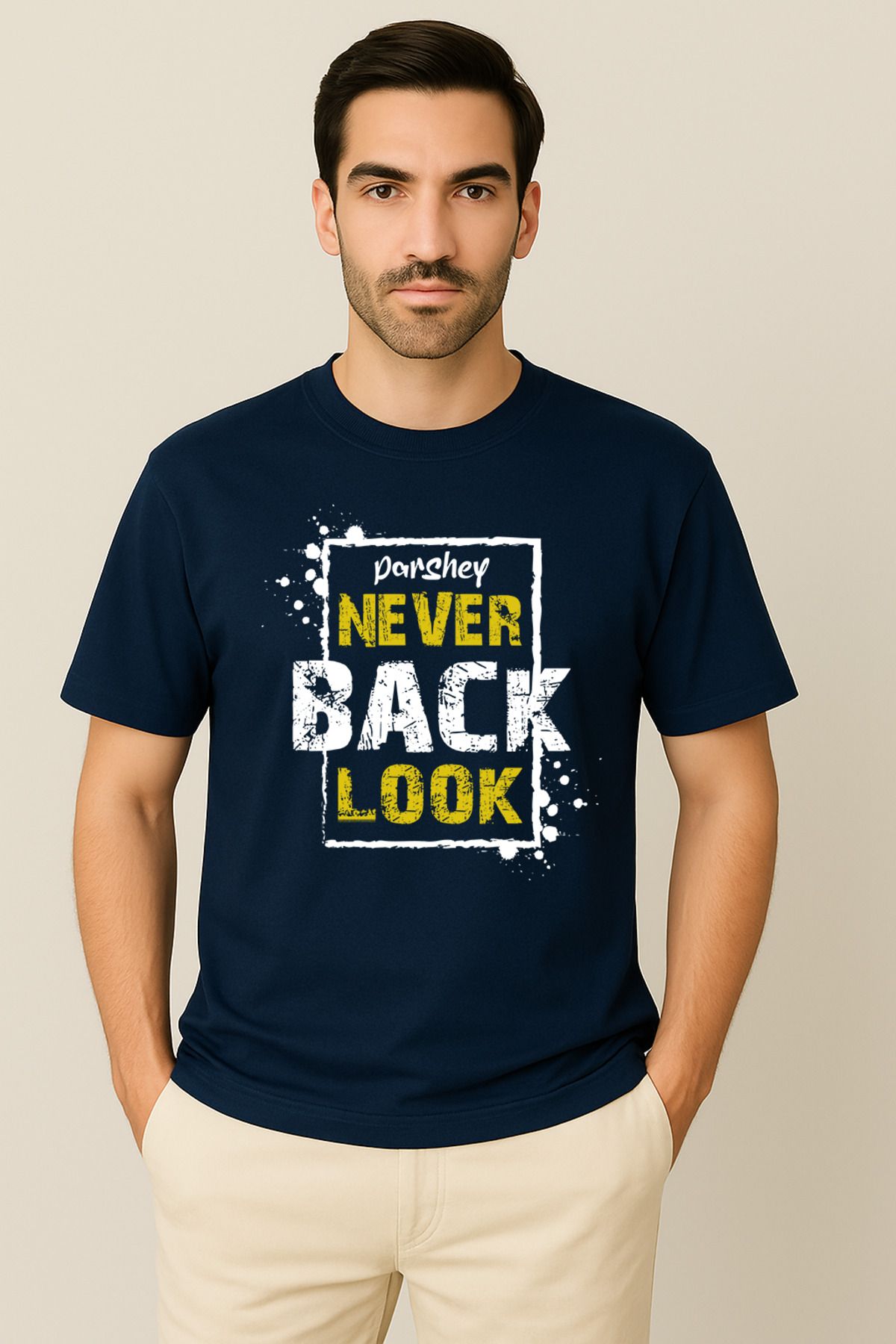 PARSHEY Erkek - Kadın %100 Pamuk Never Look Back Baskılı Yarım Kollu Bisiklet Yaka T-Shirt