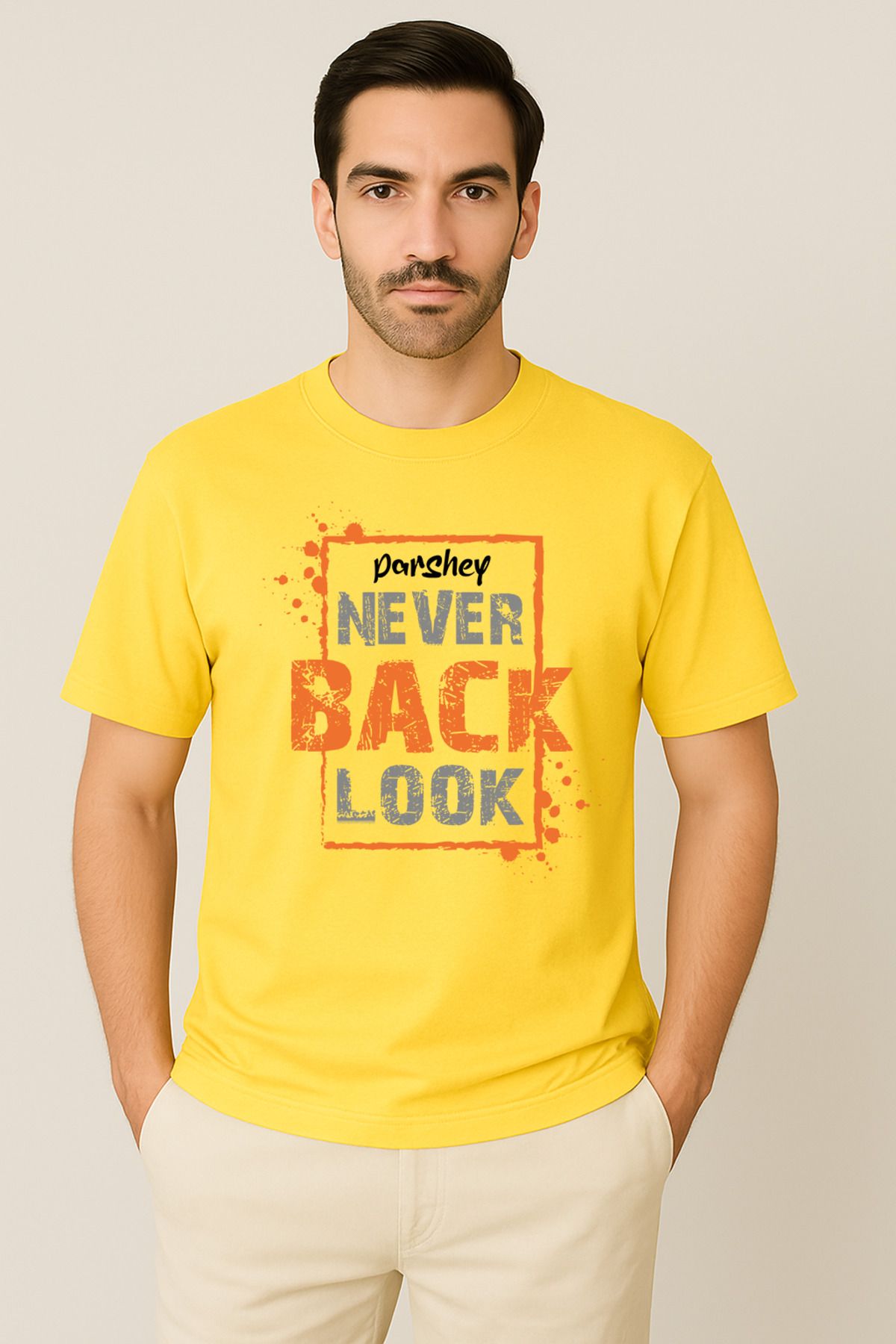 PARSHEY Erkek - Kadın %100 Pamuk Never Look Back Baskılı Yarım Kollu Bisiklet Yaka T-Shirt