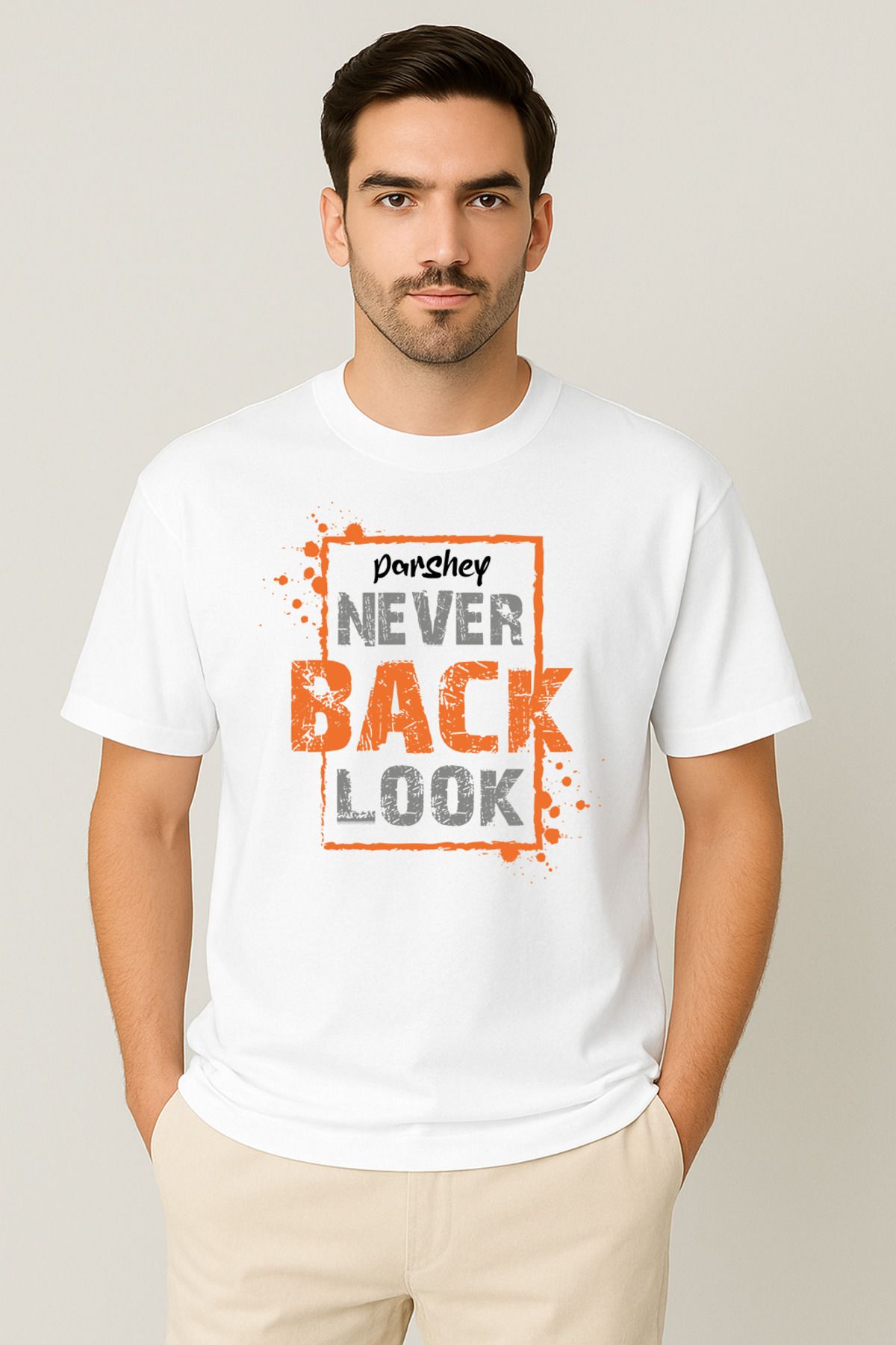 PARSHEY Erkek - Kadın %100 Pamuk Never Look Back Baskılı Yarım Kollu Bisiklet Yaka T-Shirt