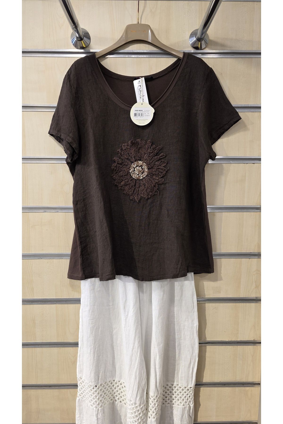 Park Moda İtalyan Keten Bluz Daire Çiçek Desen