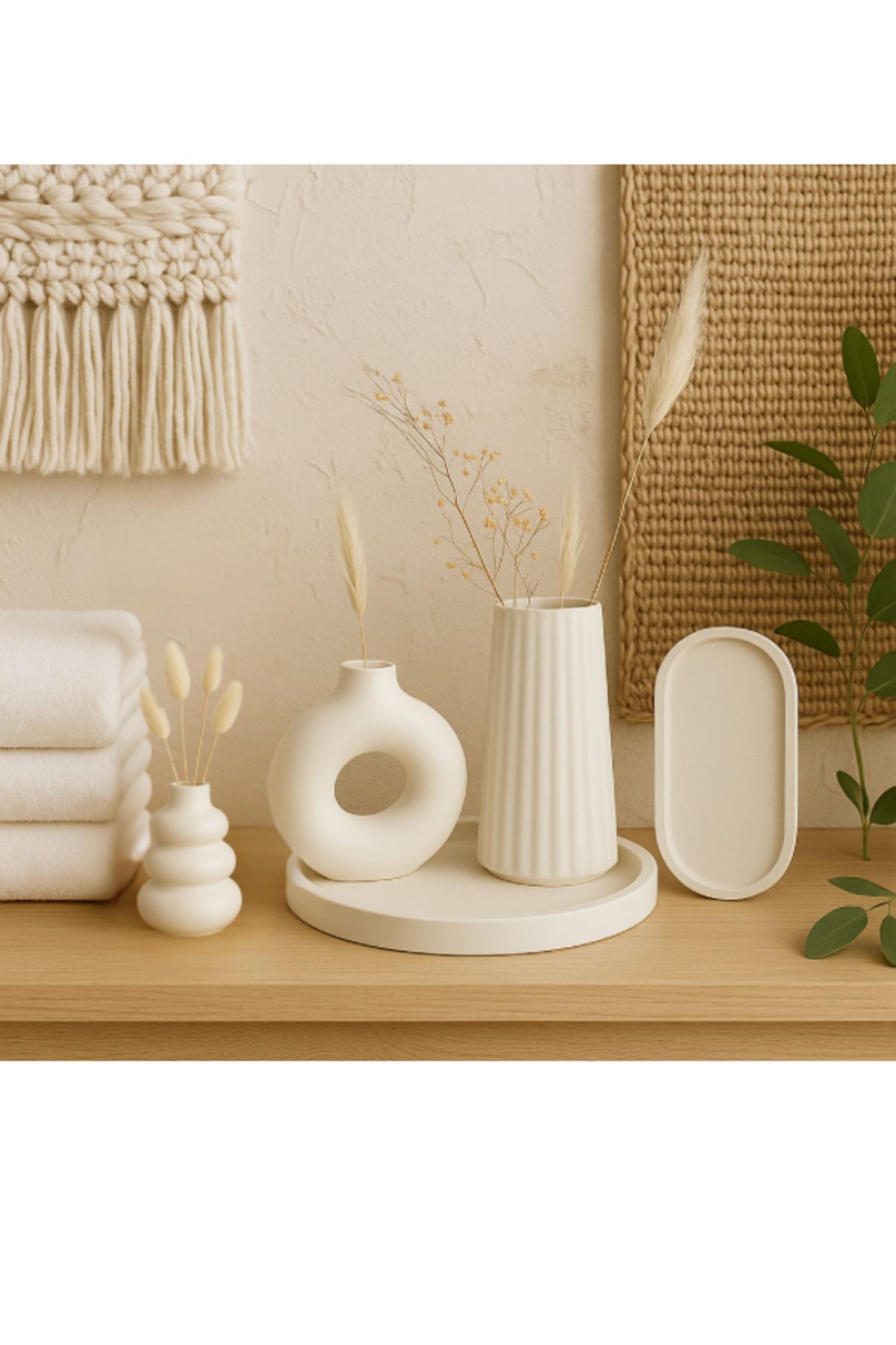 Ecomuse Home Japandi Beton Ev Dekor Seti – 5 Parça Minimal Vazo & Tepsi Koleksiyonu