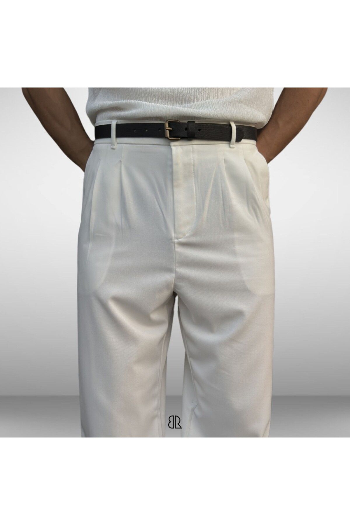 BRAVALDE BEYAZ BAGGY PİLELİ KUMAŞ PANTOLON