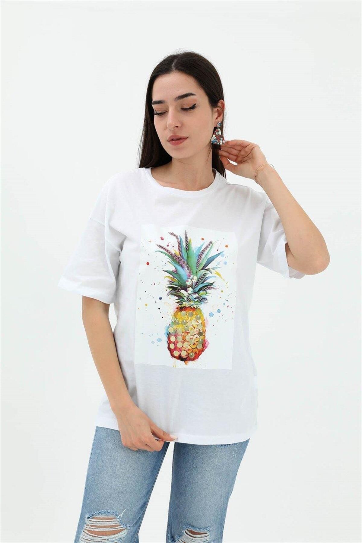 LLOHA Bisiklet Yaka Ananas Baskılı Süprem T-shirt - Beyaz