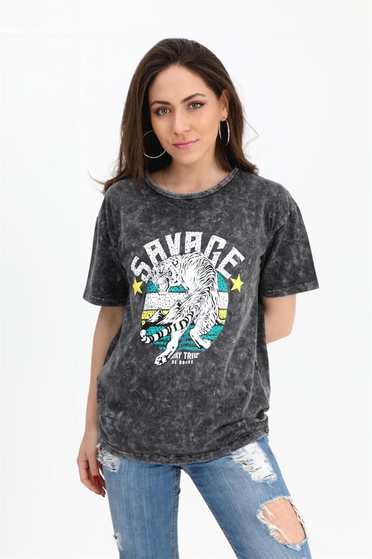 LLOHA T-shirt Yıkamalı Kumaş Bisiklet Yaka - Antrasit