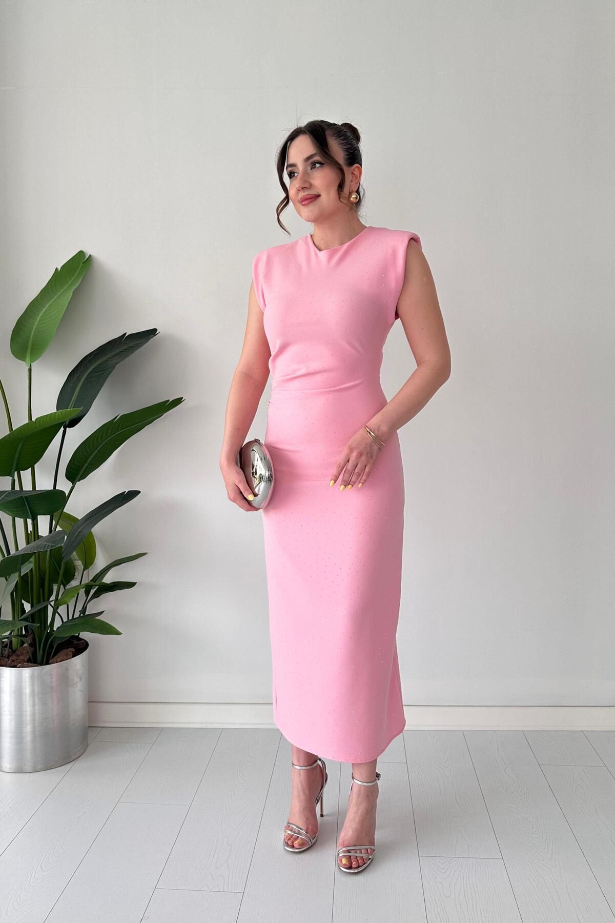 MaziButik Parıltılı Krep Elbise Pembe