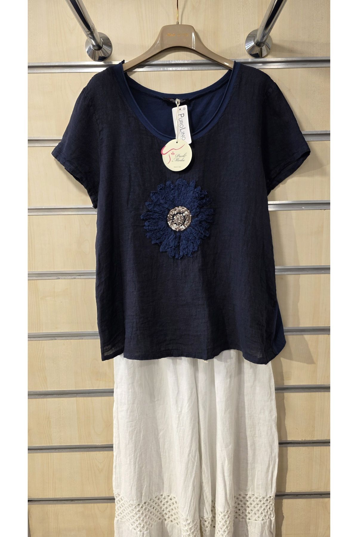 Park Moda İtalyan Keten Bluz Daire Çiçek Desen