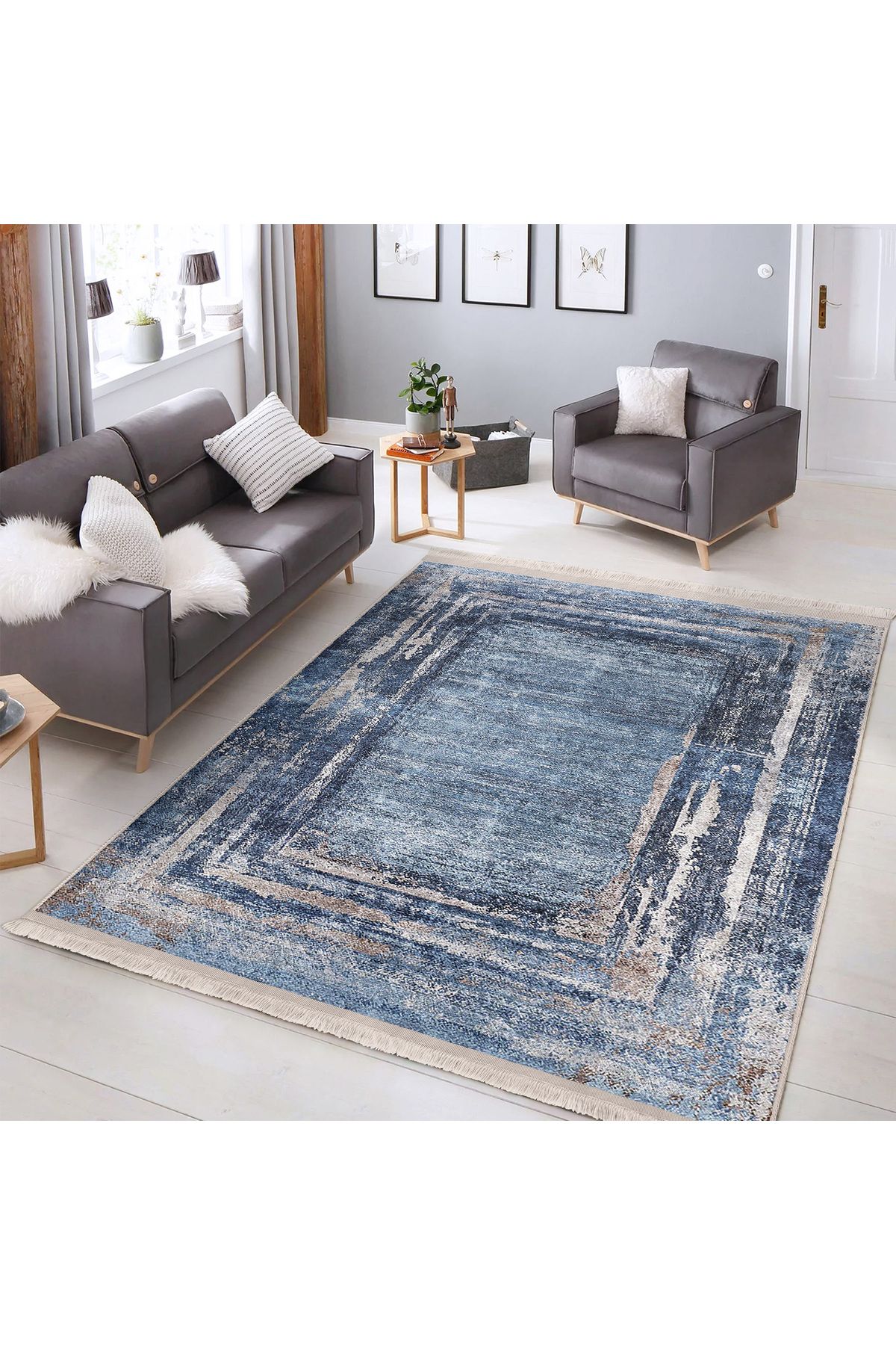Realhomes Mavi ve Bej Renk Geçişli Modern Desenli Salon Halısı - Yıkanabilir Kaymaz Tabanlı Dikdörtgen Halı