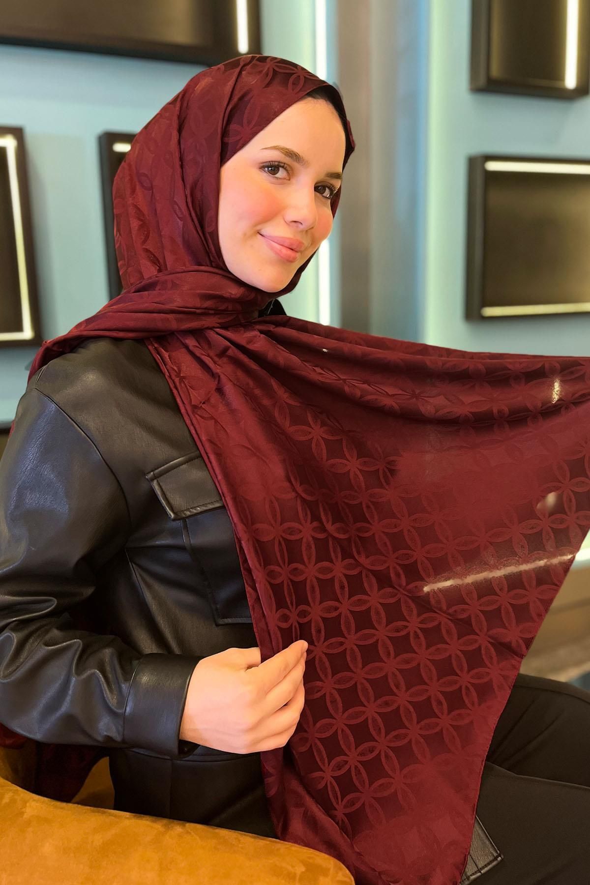 Sultan Eşarp Sultan Jakarlı Şal - Çiçek Desen - SLJ001-14 - Bordo