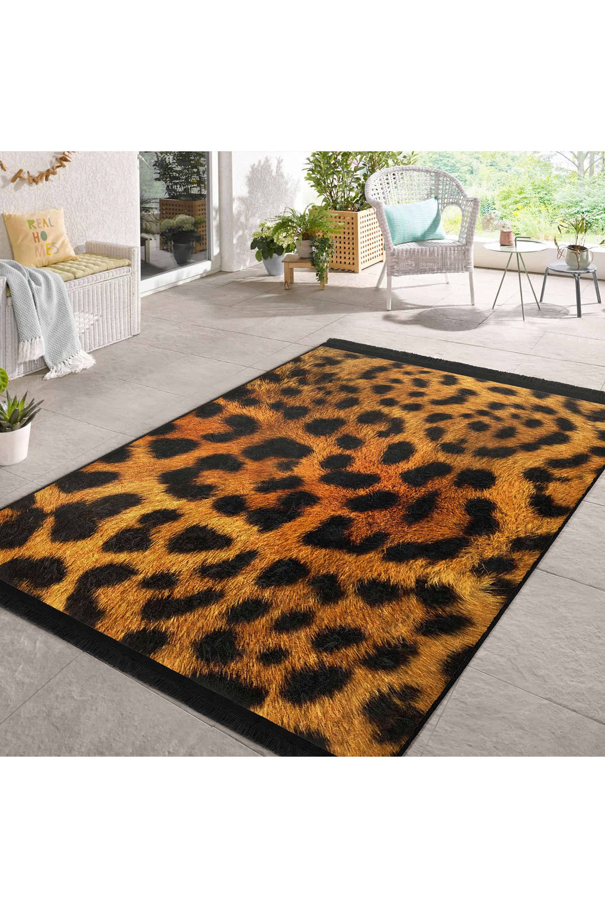 Realhomes Leopar Desenli Dikdörtgen Salon Halısı - Kaymaz Tabanlı Yıkanabilir Modern Dekorasyon Halısı
