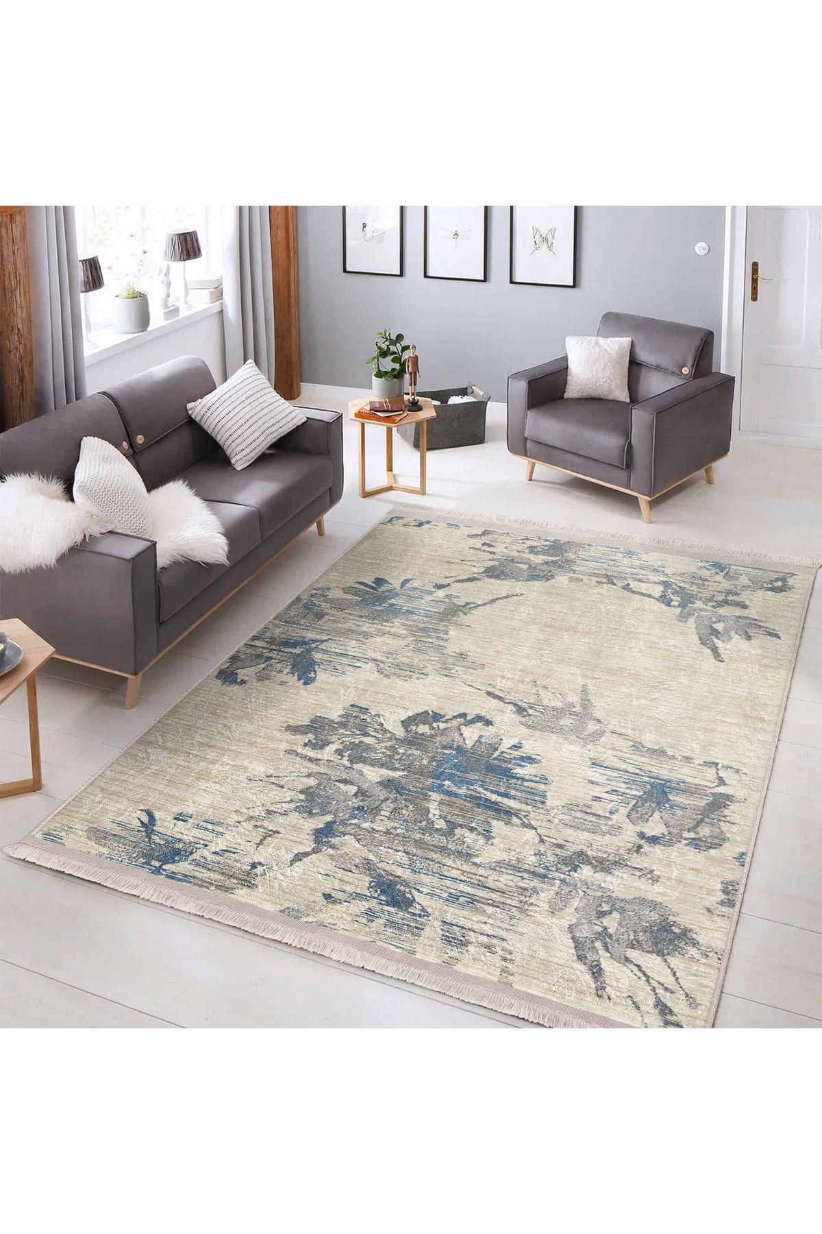 Realhomes Mavi ve Krem Renkli Modern Çiçek Desenli Yıkanabilir Kaymaz Taban Salon Halısı