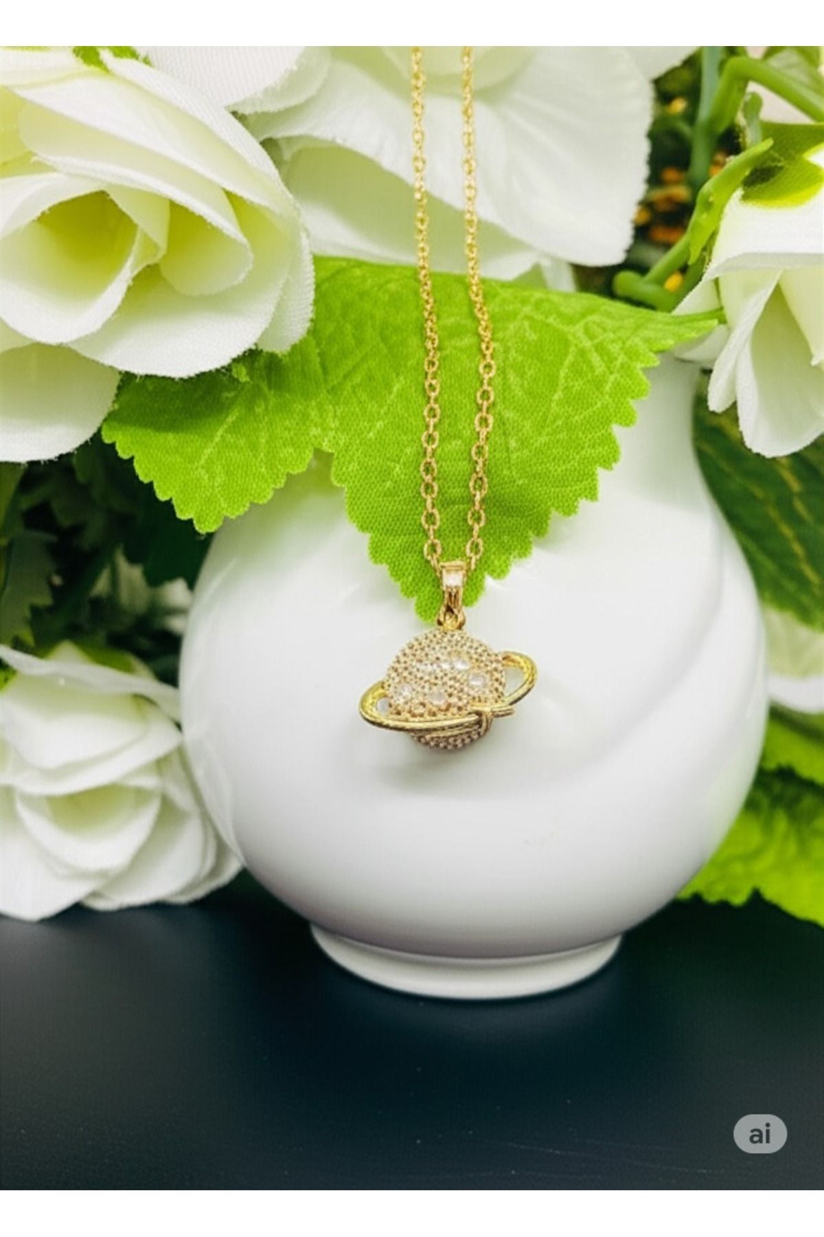 KANERUZ Zirkon Taşlı Gold Gezegen Kolye