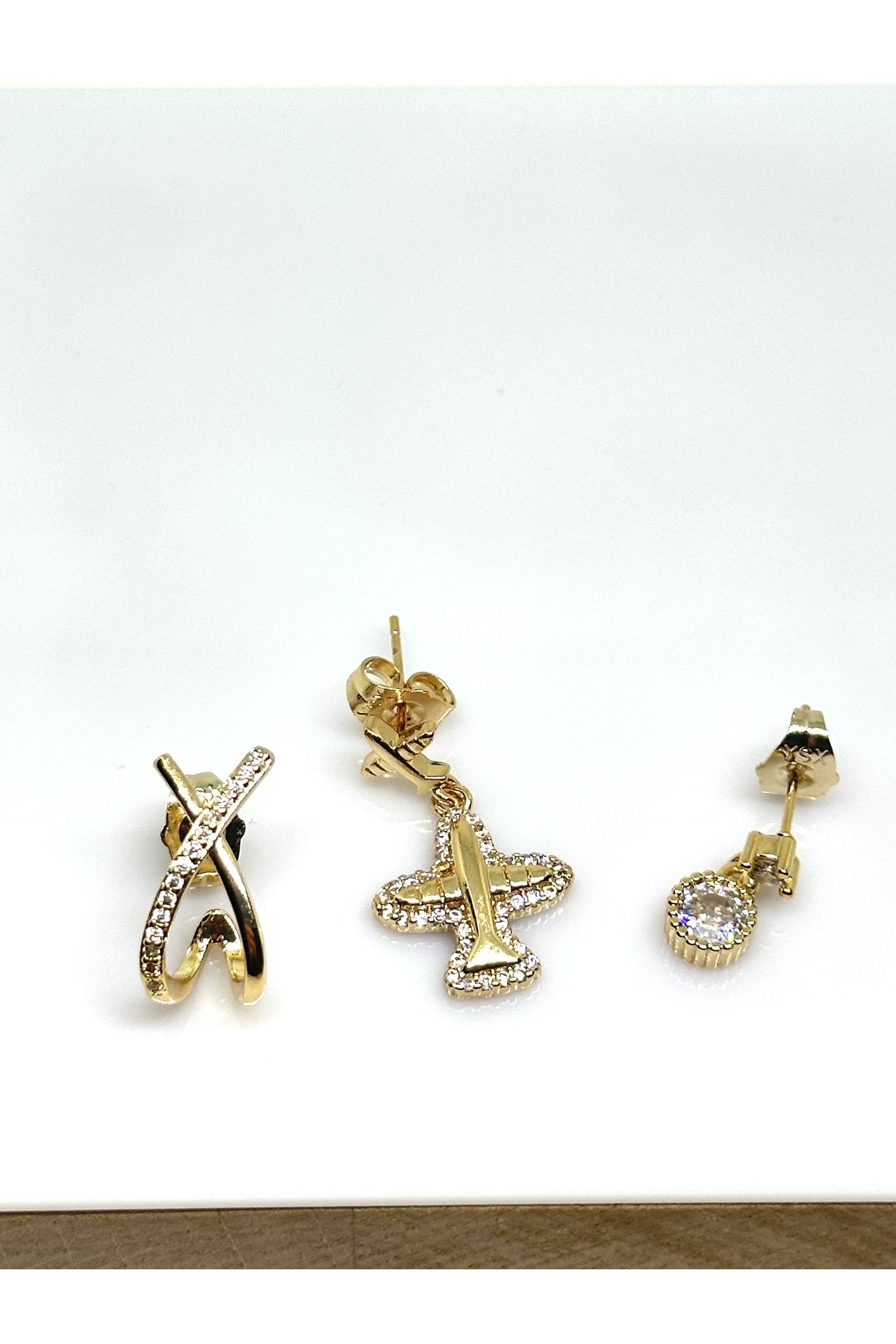 Jewerly Taş Detaylı Çelik Gold 3’lü Küpe