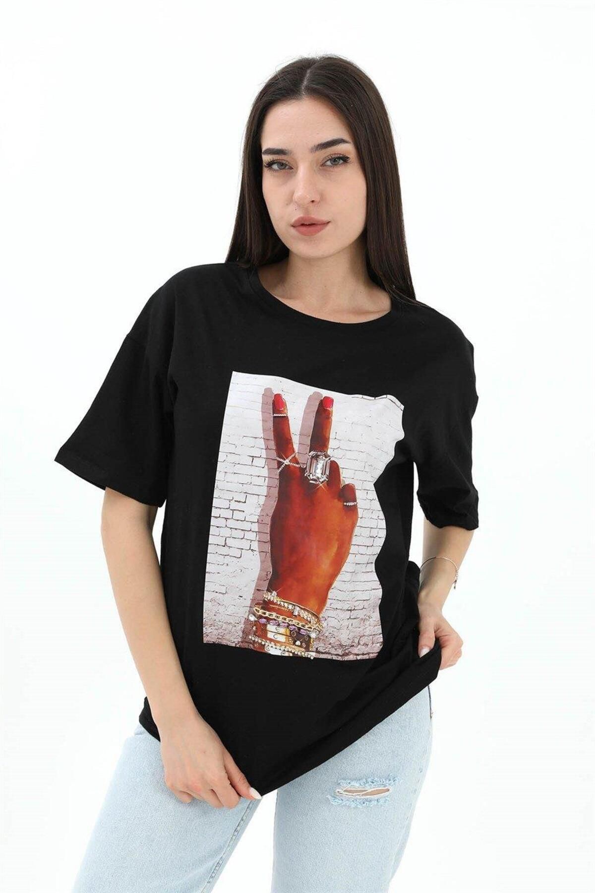 LLOHA Bisiklet Yaka El Baskılı Süprem T-shirt - Siyah
