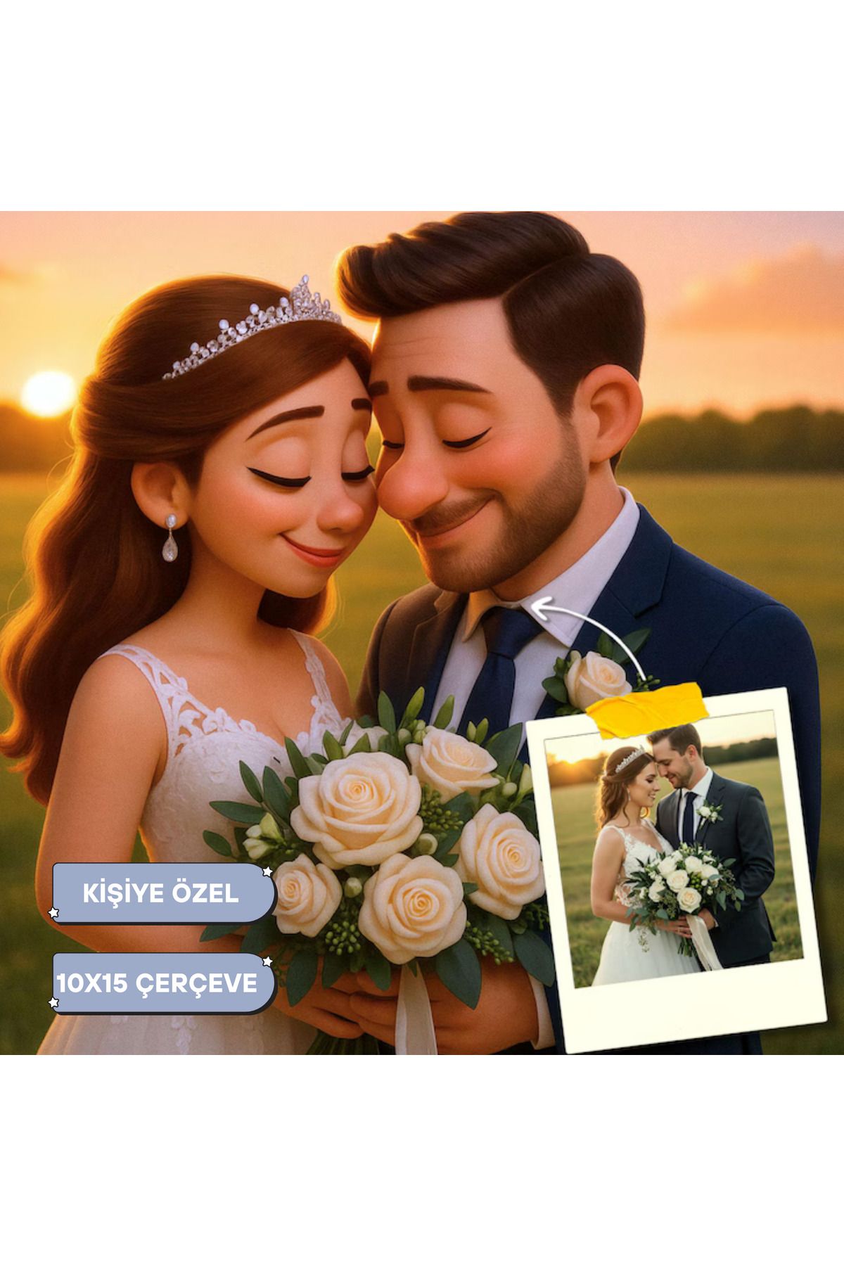Spurvy Kişiye Özel Gelin Damat Karikatür Portre 10x15 Çerçeveli