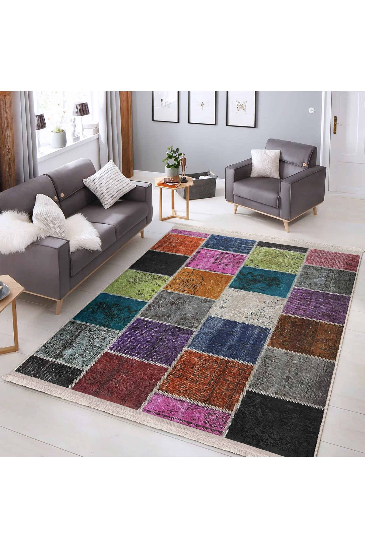 Realhomes Renkli Patchwork Desenli Salon Halısı - Yıkanabilir Kaymaz Tabanli Şık ve Modern Halı