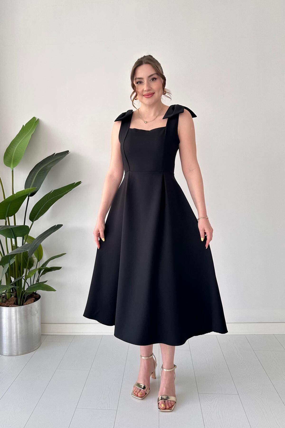 MaziButik Çift Fiyonklu Elbise Siyah