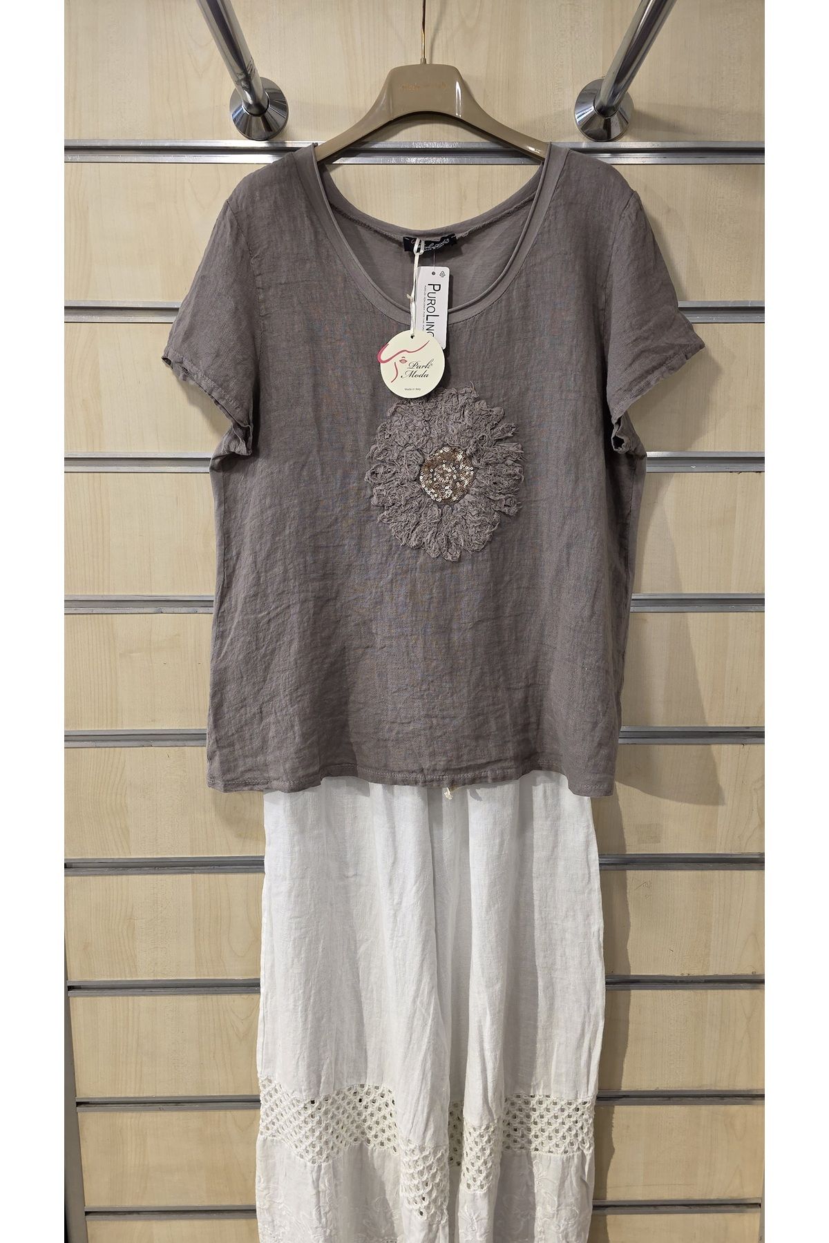 Park Moda İtalyan Keten Bluz Daire Çiçek Desen