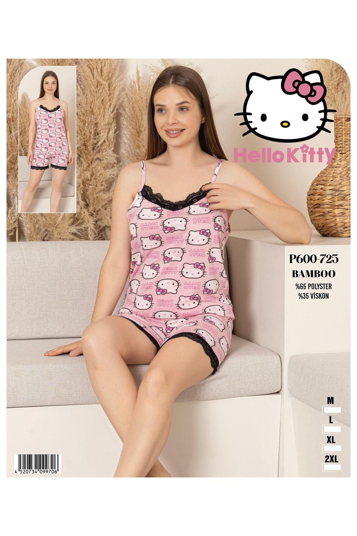 FASON TASARIM BUKADINCA BAMBU İP ASKILI HELLO KITTY ŞORTLU PİJAMA TAKIM-BK050001