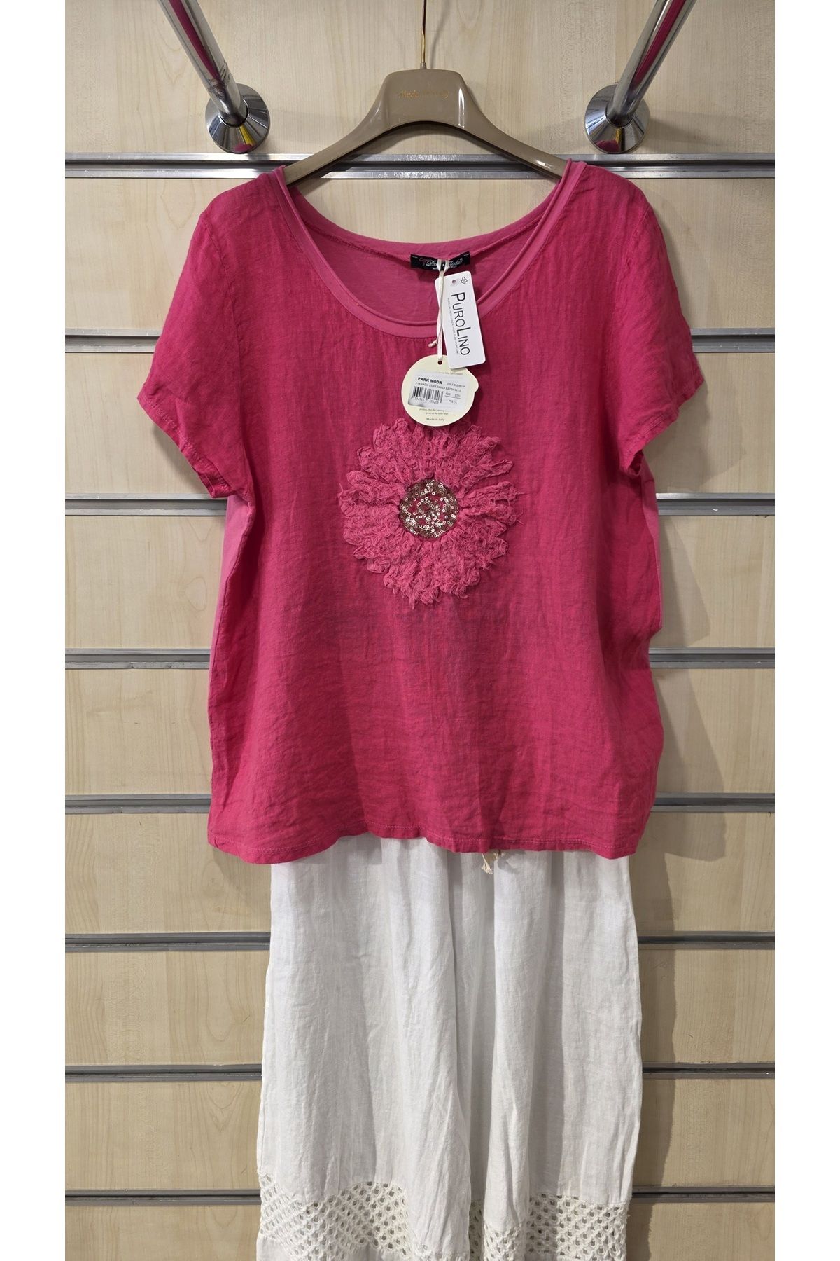 Park Moda İtalyan Keten Bluz Daire Çiçek Desen