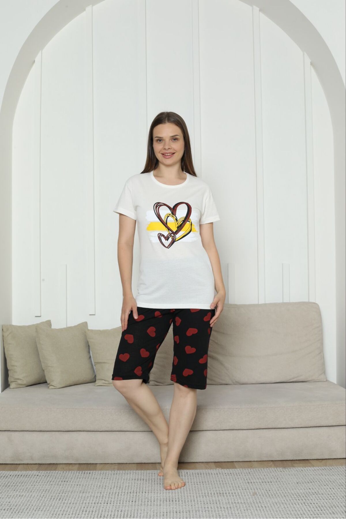 ASMATEKSTİL Kalp Desenli Kapri Pijama Takımı
