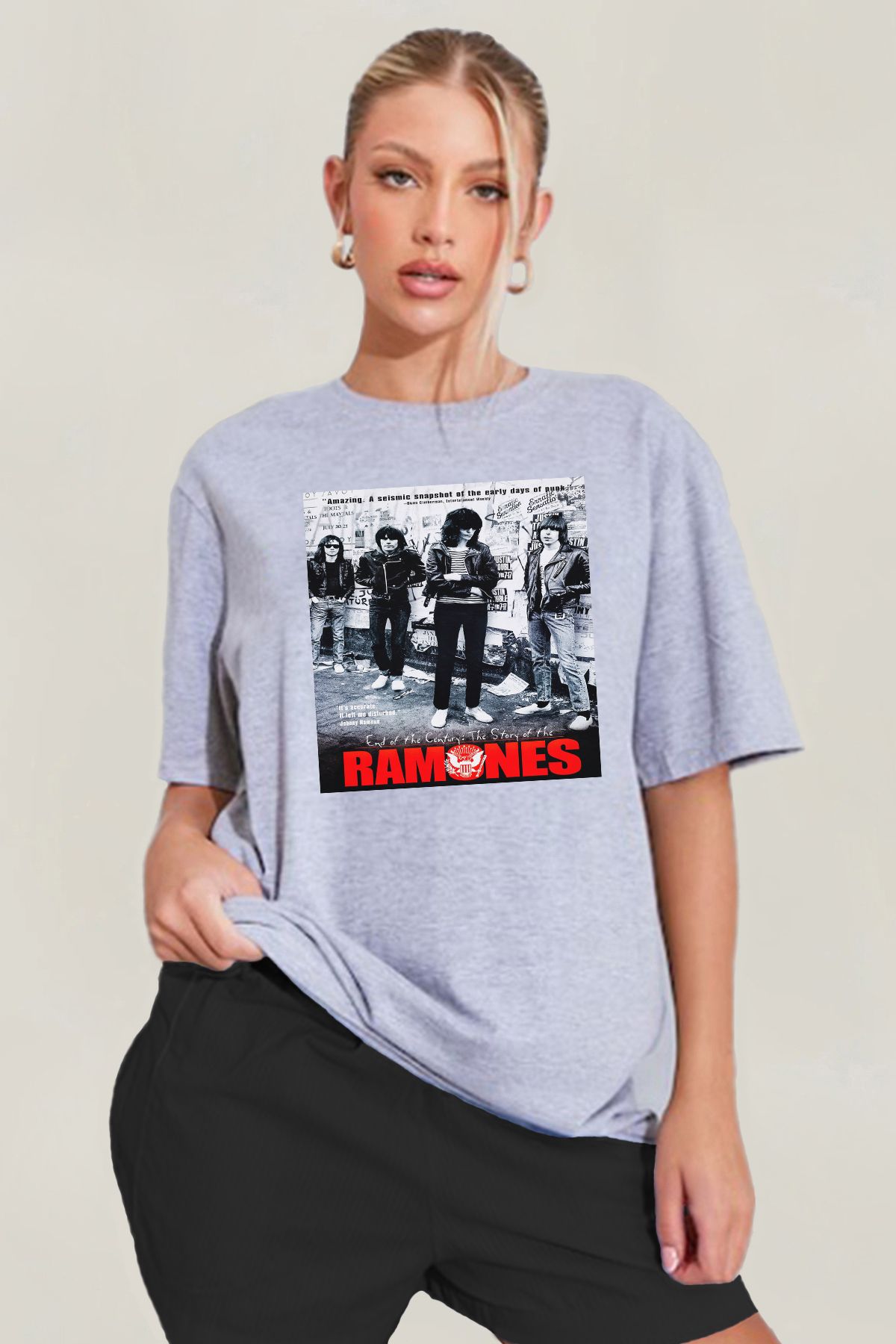 MODA Ramones Punk Rock Baskılı Oversize Kalıp Grimelanj Geniş Bol Kesim Kadın Tişört