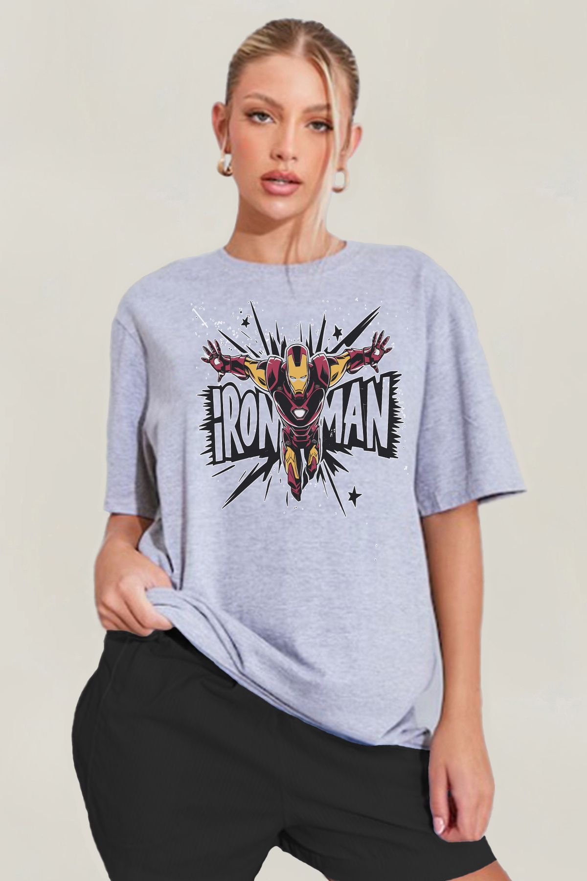MODA iron Man Tony Stark Marvel Baskılı Oversize Kalıp Grimelanj Geniş Bol Kesim Kadın Tişört