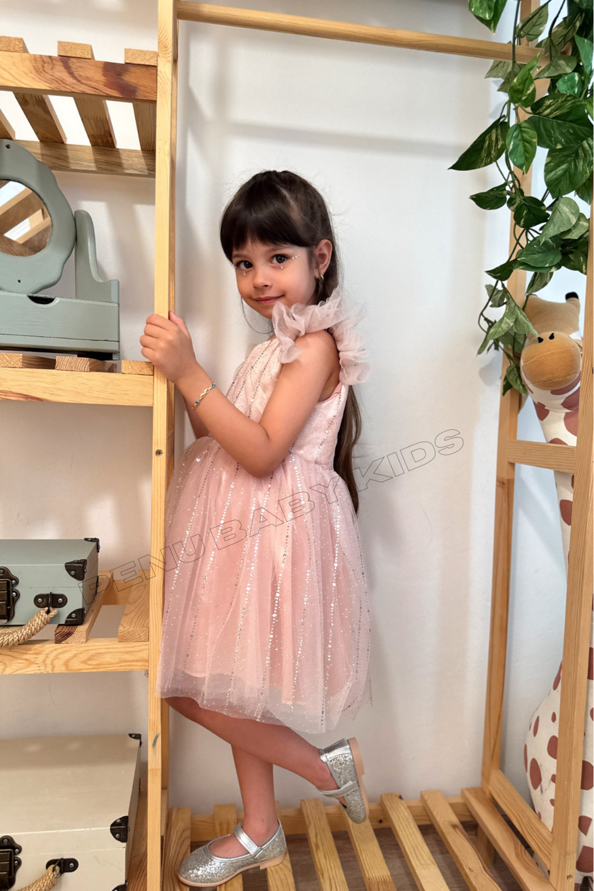 penu baby kids Pudra Yarım Kol Baskı Şeritli Tül Kız Çocuk Kız Bebek Elbise fotoğrafı 6 (önizleme)