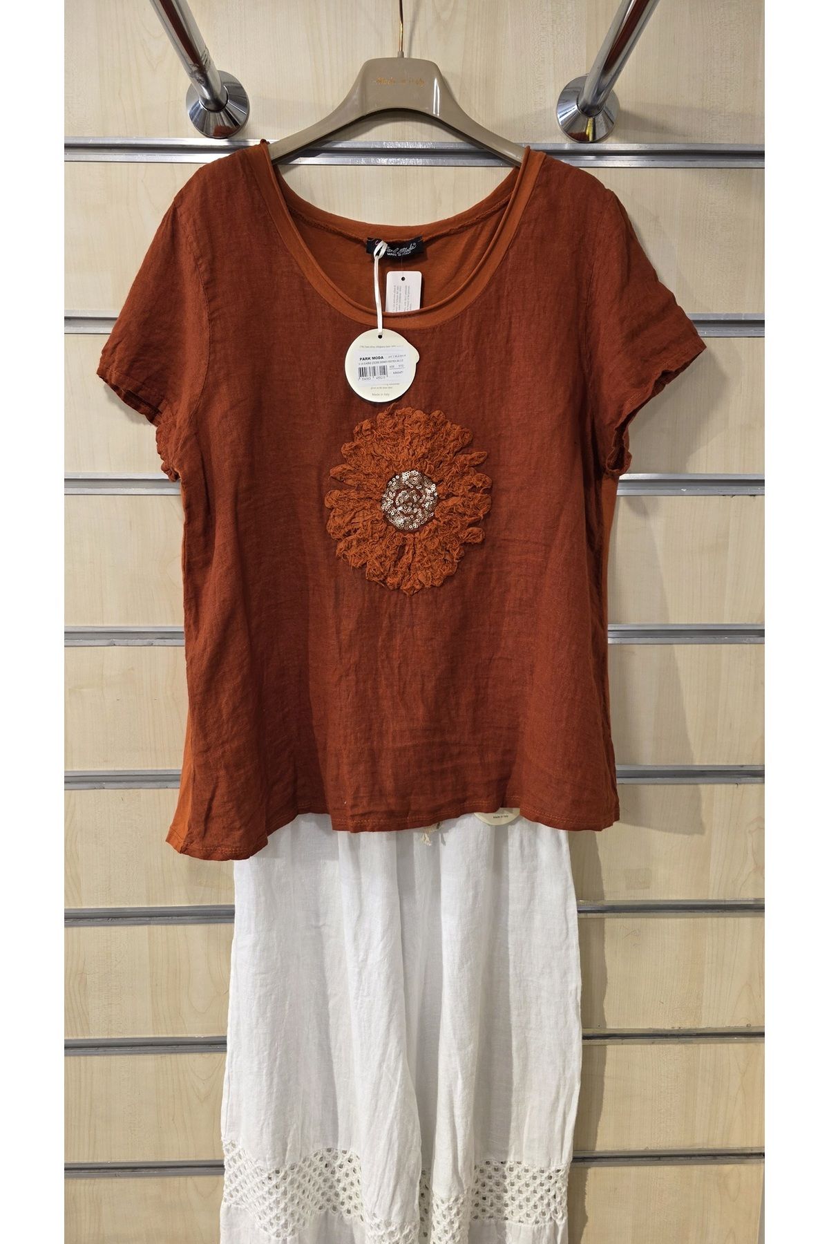 Park Moda İtalyan Keten Bluz Daire Çiçek Desen