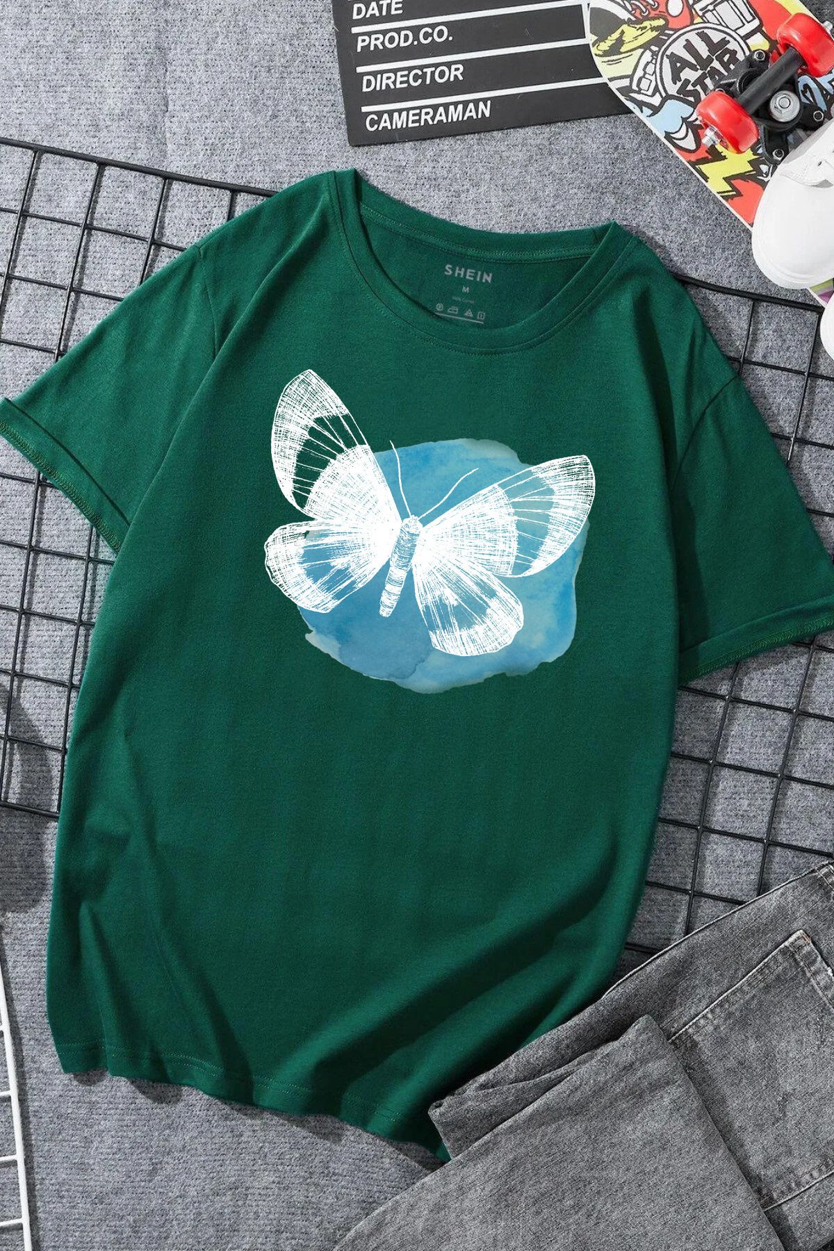 JAMPY Unisex Yeşil Kelebek Baskılı Oversize T-shirt