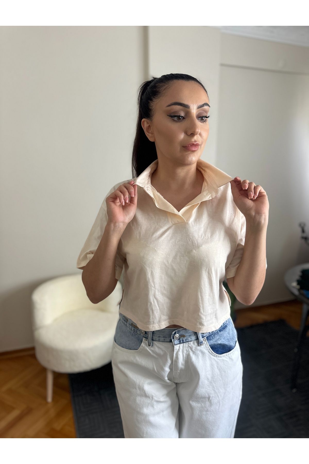 RSP Pamuk Crop Polo Yaka Tişört