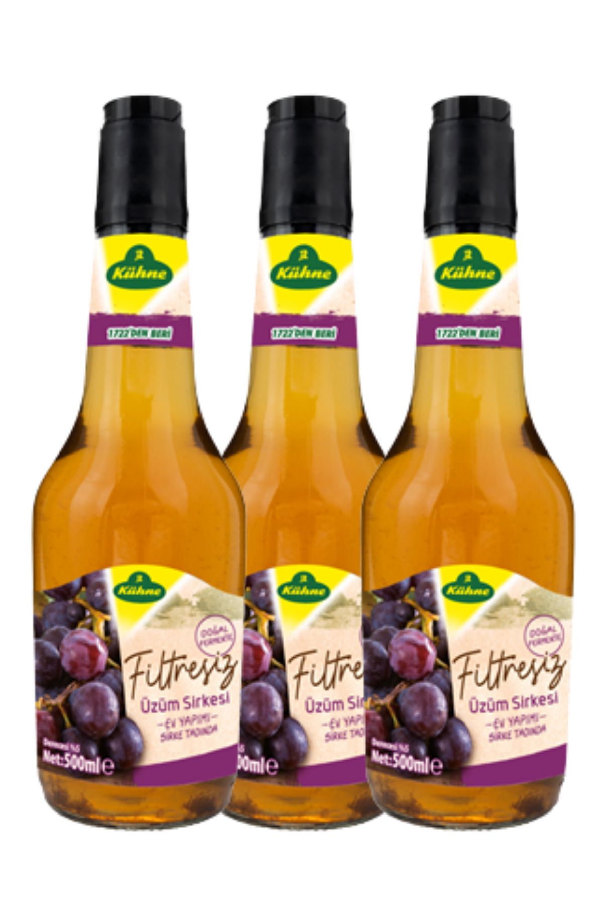 Kühne Filitresiz Üzüm Sirkesi 500 ml Cam x 3 Adet