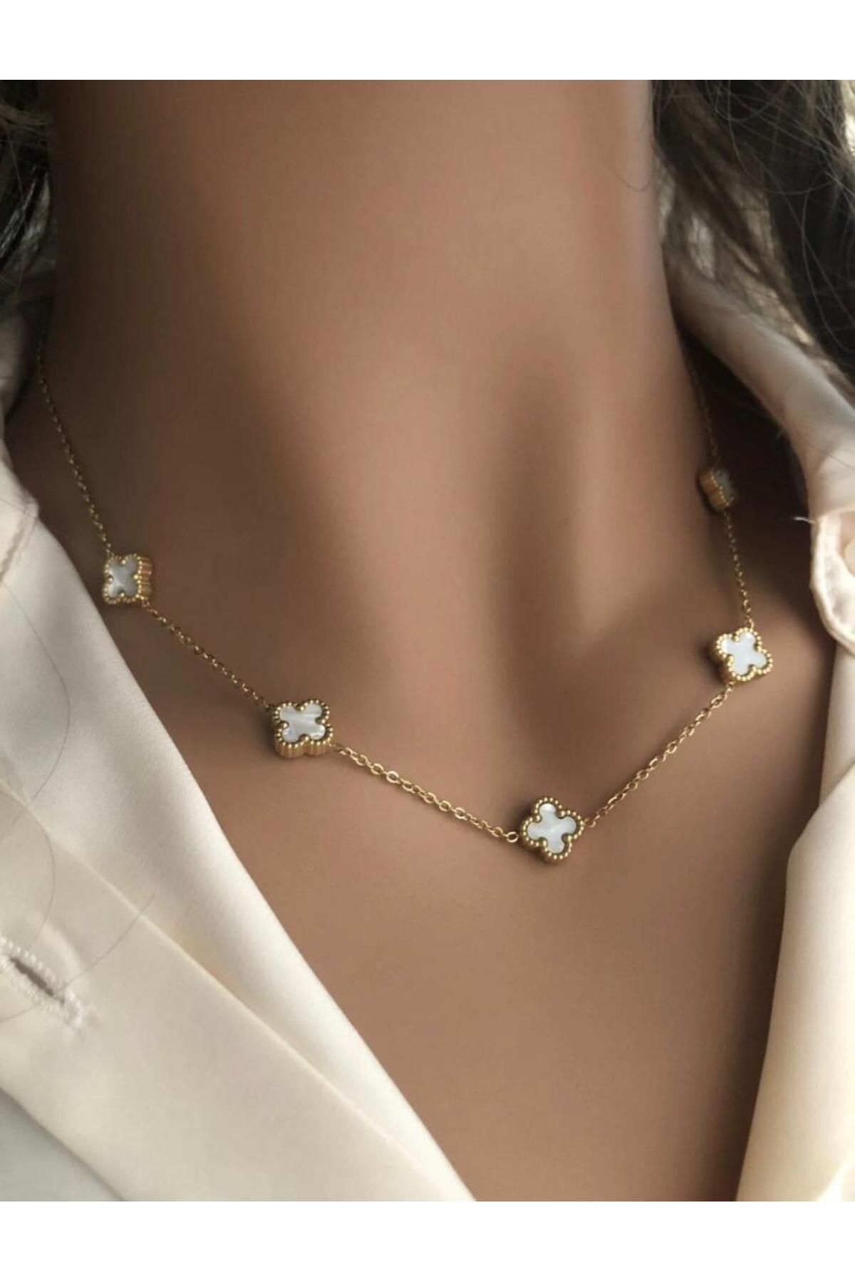 marsel aksesuar Gold Renkli Çift Taraflı Beyaz Taşlı 5 Yoncalı Çelik Kolye
