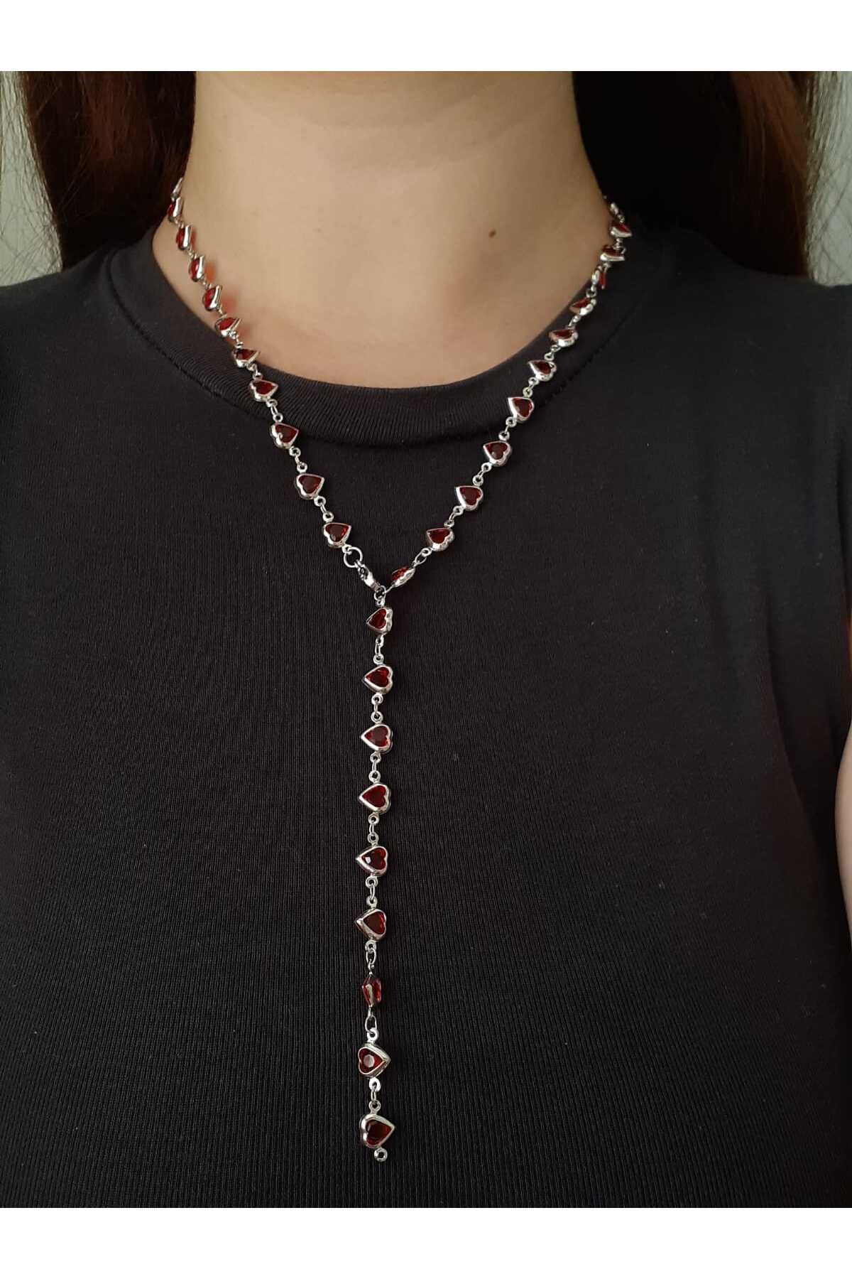 bijoux uniques Çelik Gümüş Kırmızı Kalpli Y Kolye