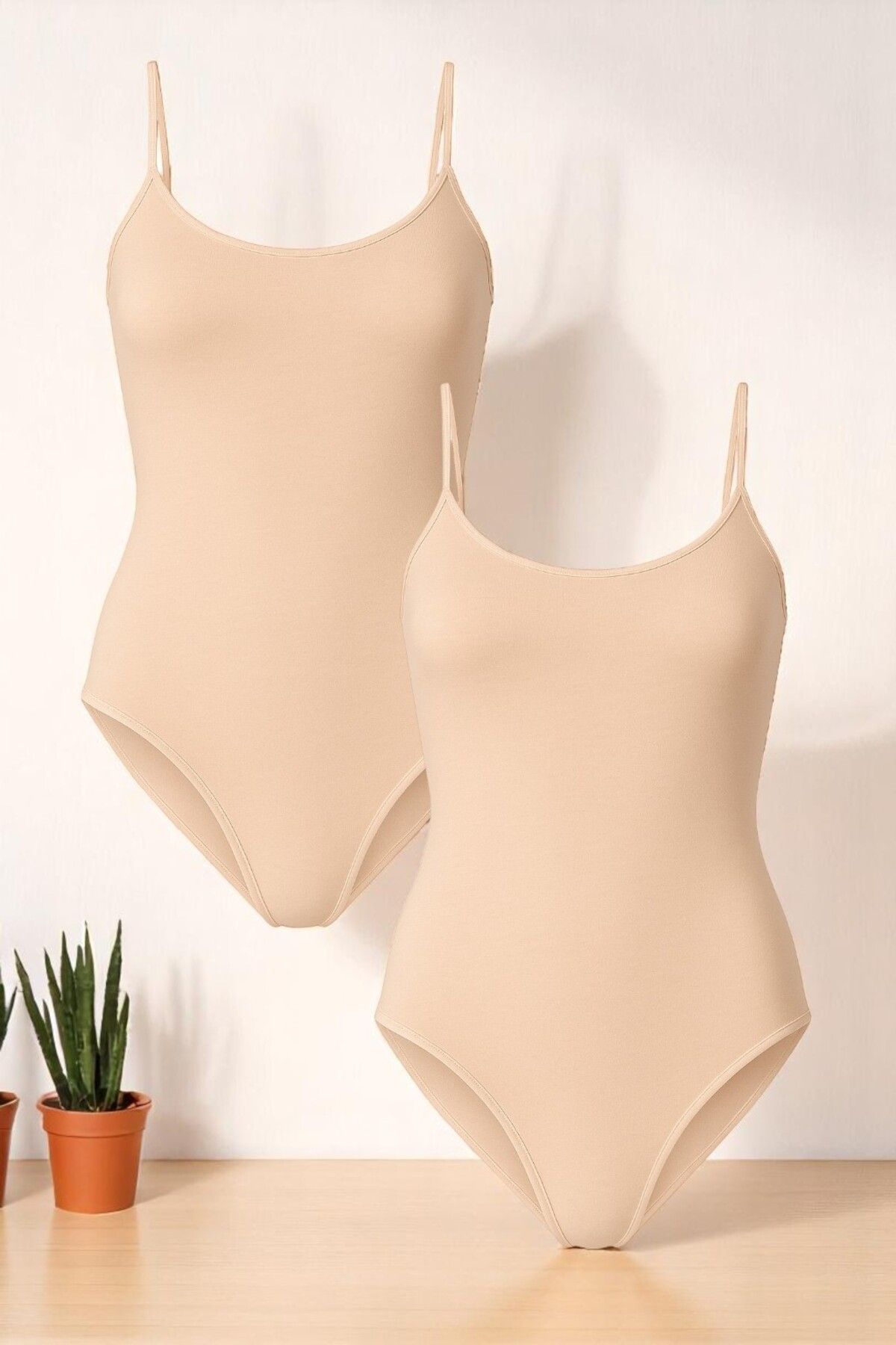 QKK Kadın Pamuklu Likralı Penye İnce Askılı Ten 2'li Çıtçıtlı Body