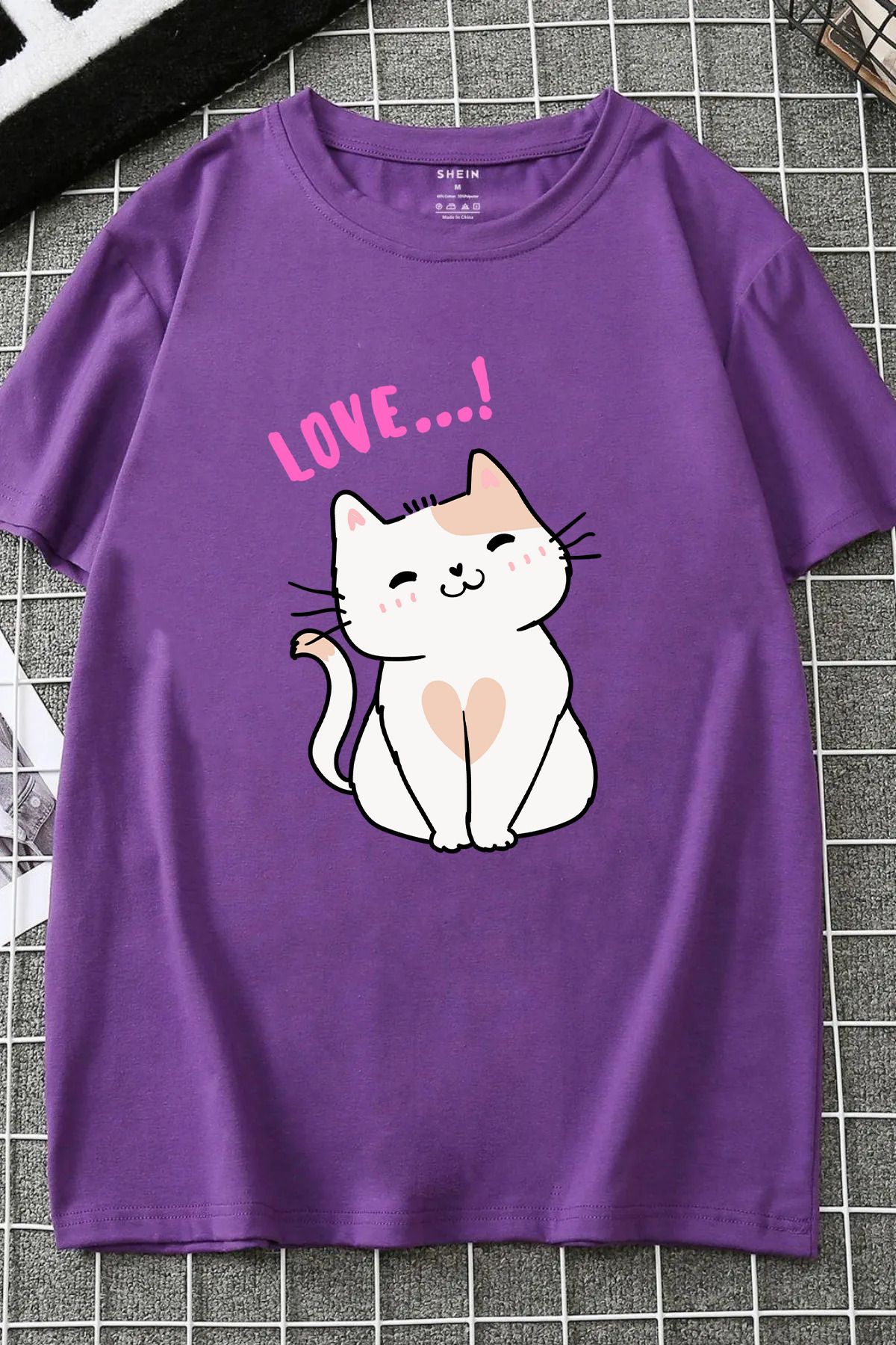 JAMPY Unisex Mor Cat Baskılı Oversize T-shirt