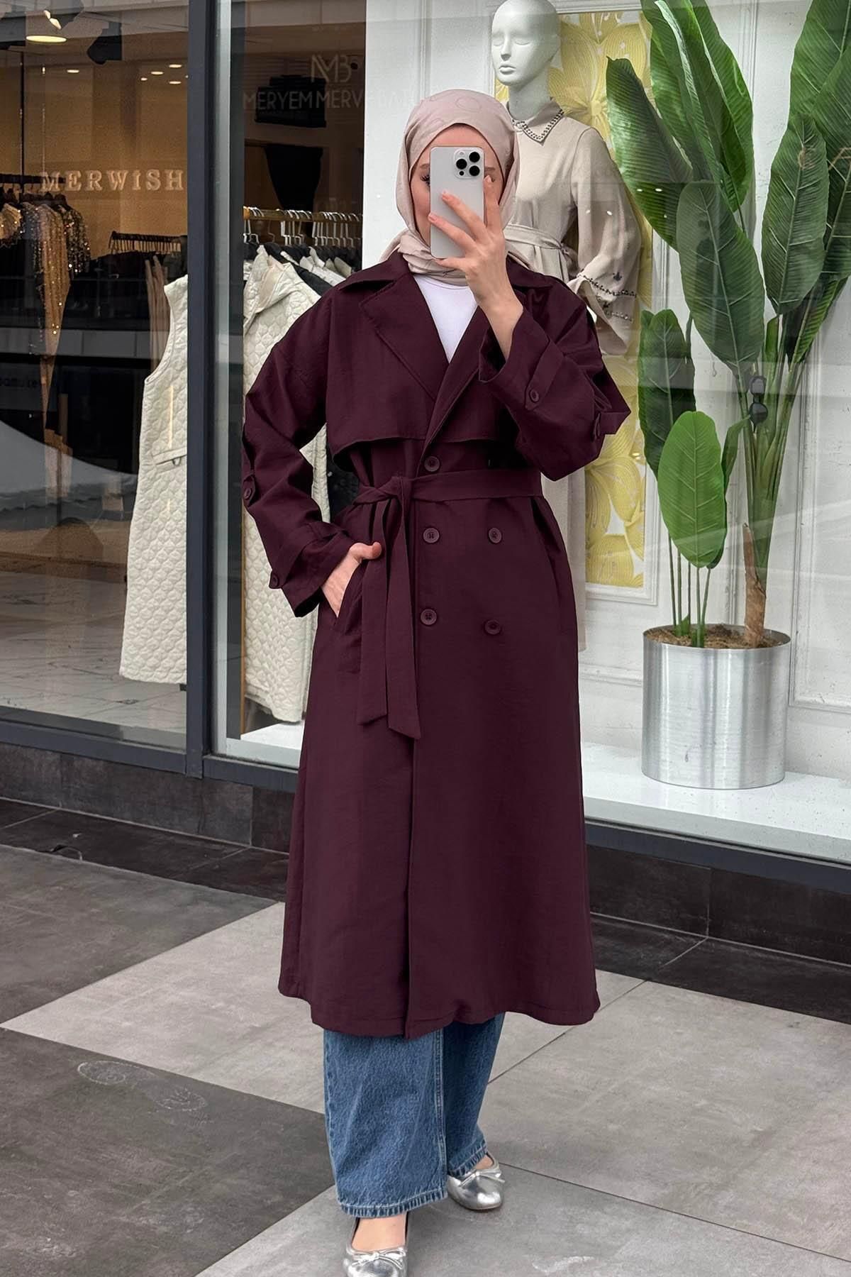 Sahraa Kapaklı Keten Trenç Bordo